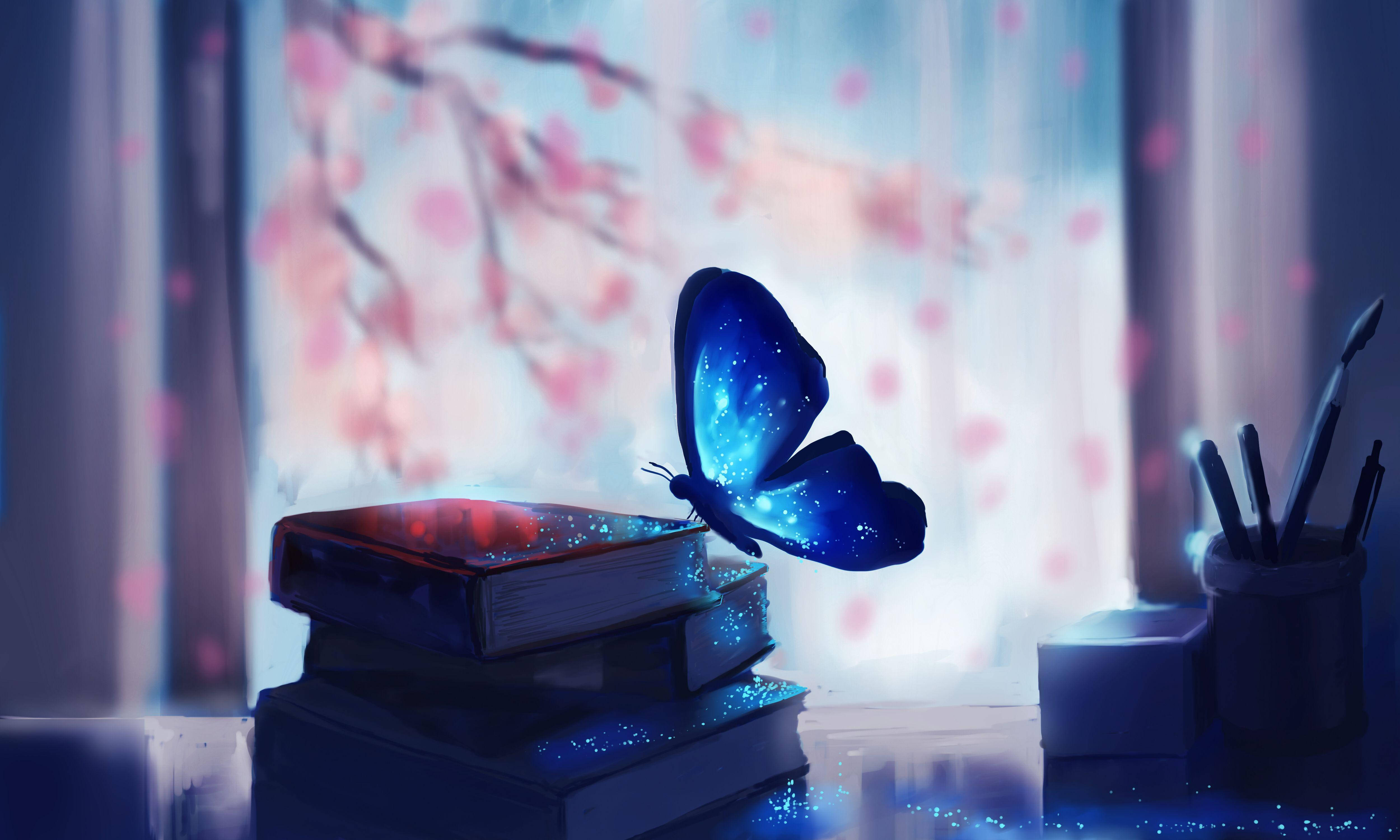 Night Butterfly, books, window, 4K Desktop Wallpaper