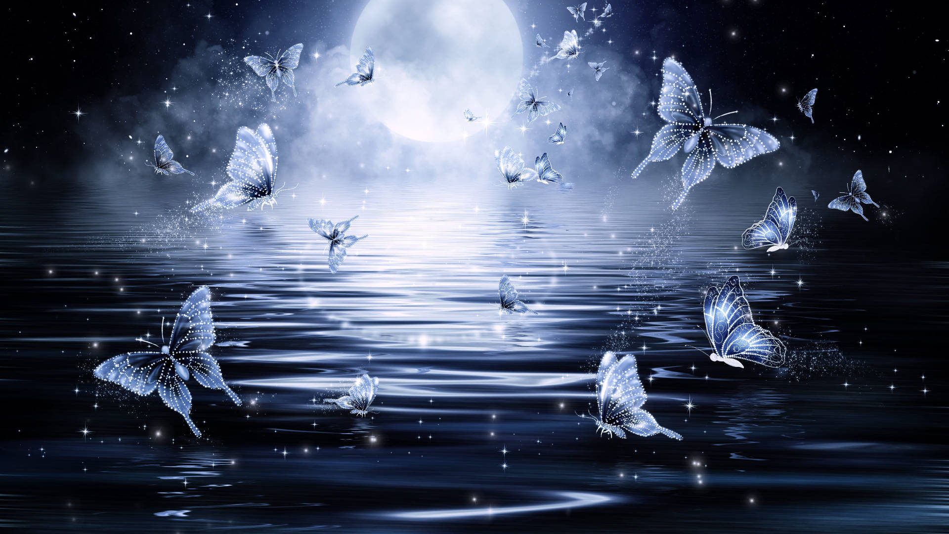 Night Butterfly, full moon, starry moonlit water surface, Full HD Desktop Wallpaper