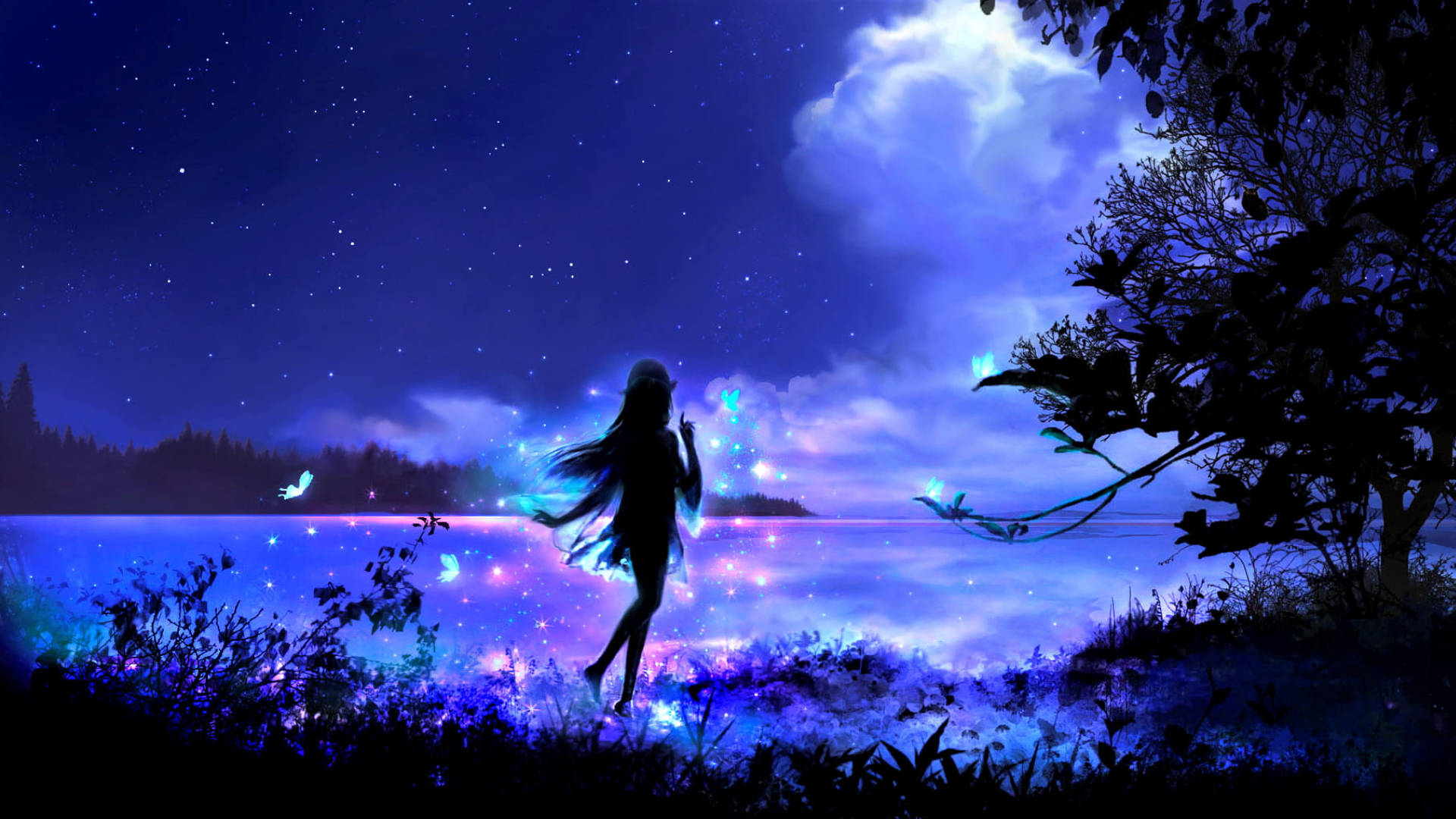 Night Butterfly, glowing lake, starry night sky, Full HD Desktop Wallpaper
