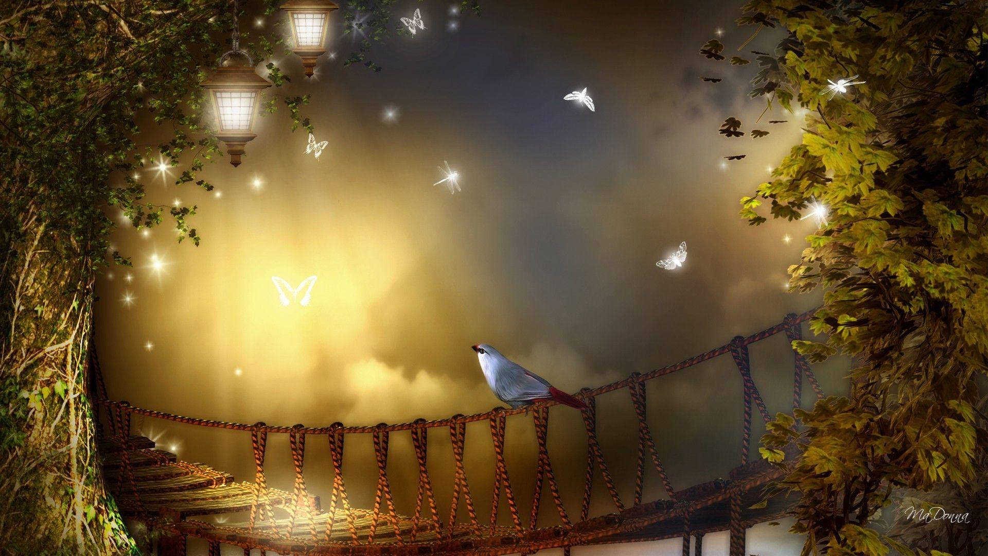 Night Butterfly, bird, rope bridge, Full HD Desktop Wallpaper
