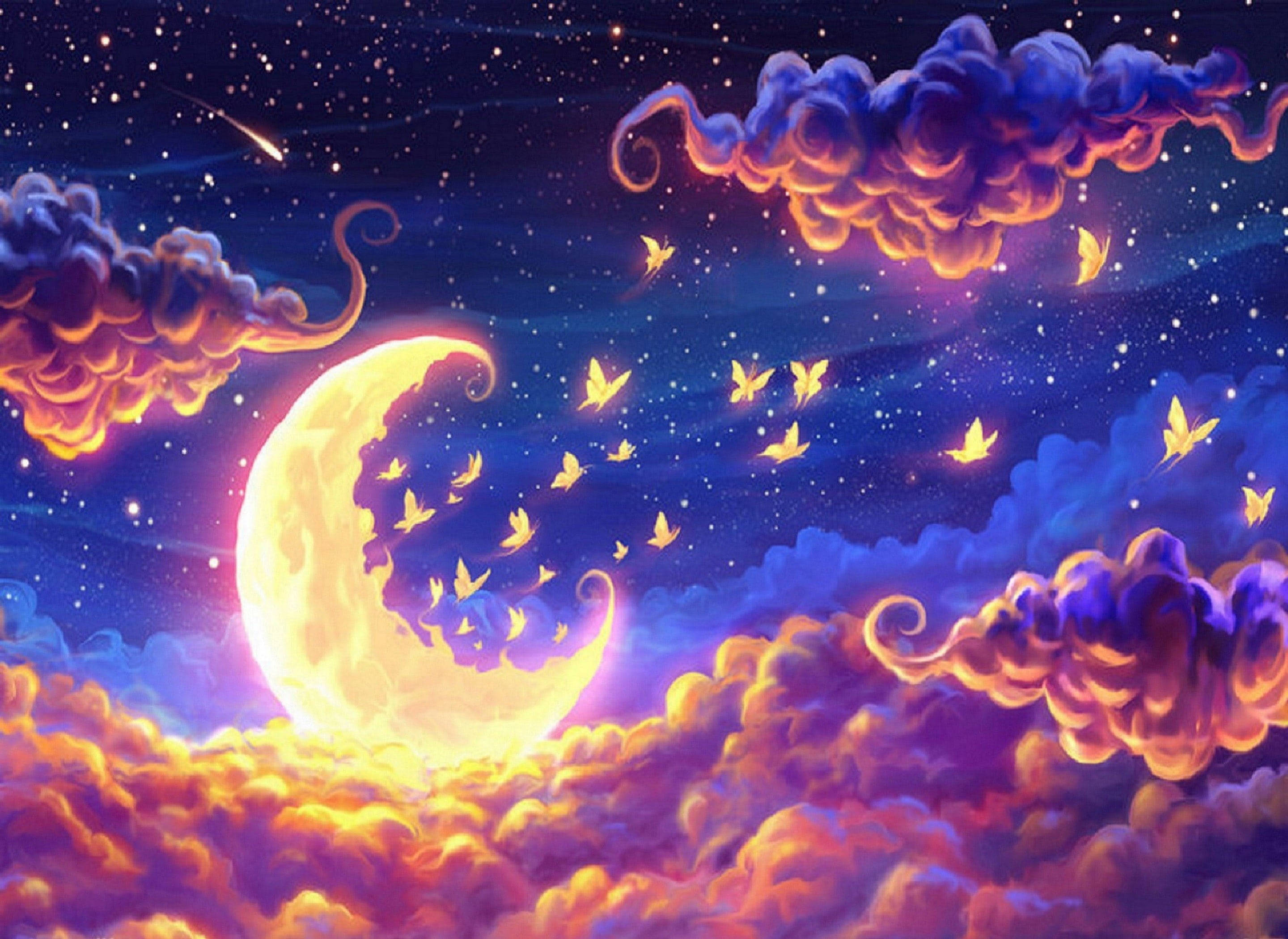 Crescent Moon, purple and orange clouds, golden butterflies, 2K Desktop Wallpaper