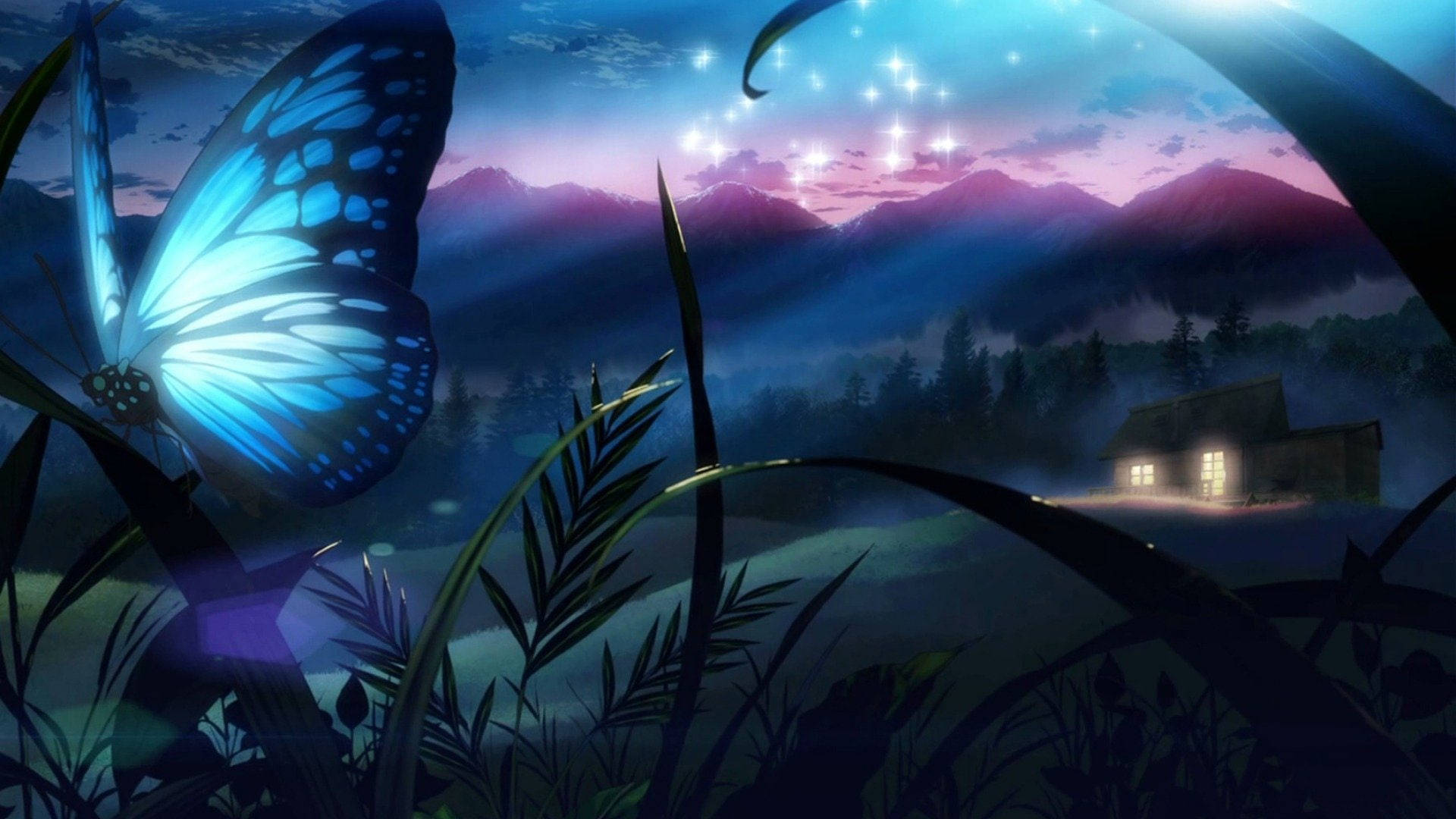 Night Butterfly, glowing blue butterfly, misty grasses, Full HD Desktop Wallpaper