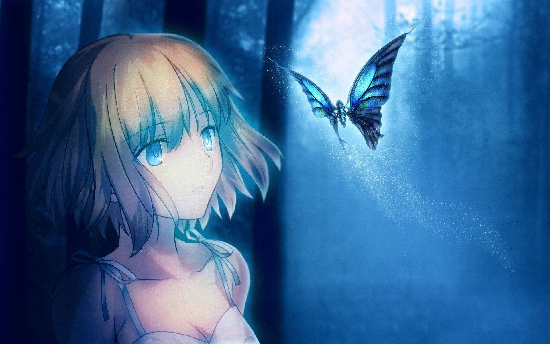 anime girl, glowing blue eyes, luminous butterfly, Full HD Desktop Wallpaper