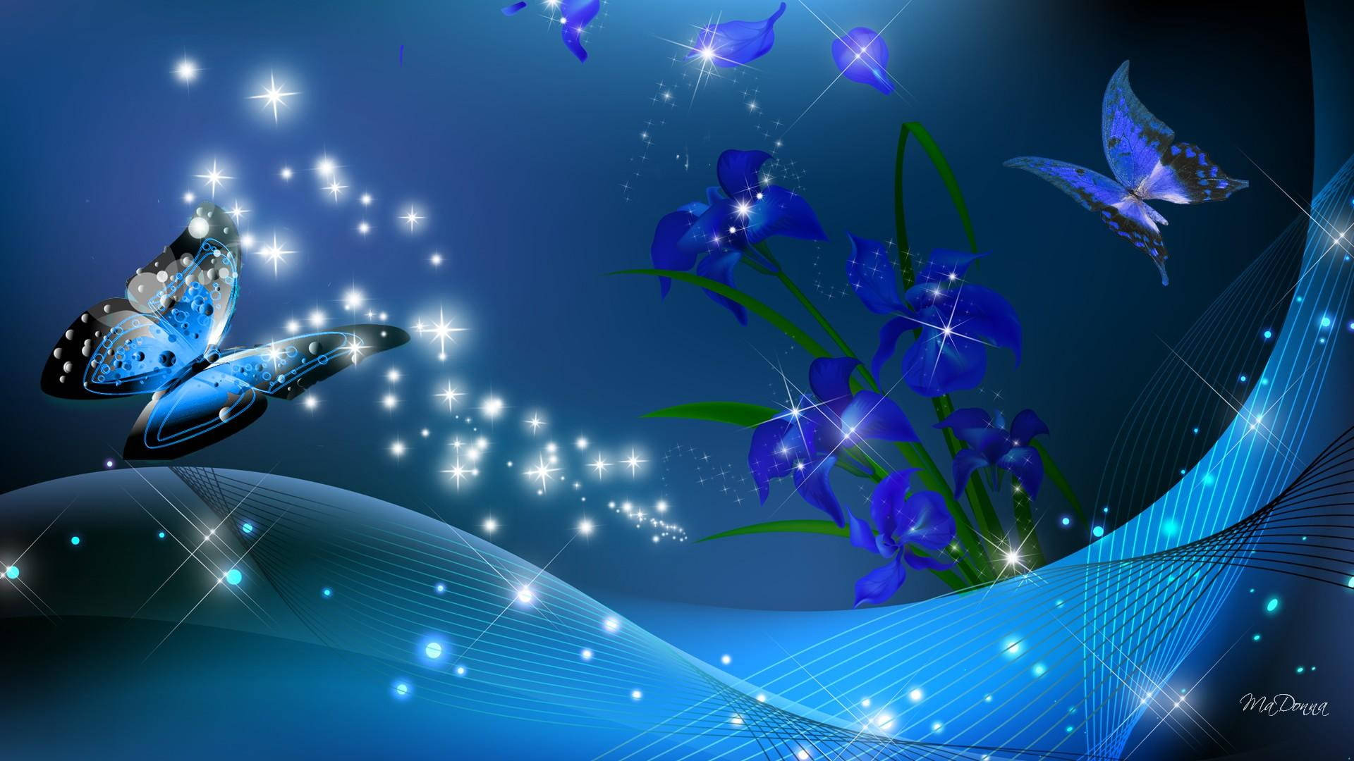 blue sparkly night butterfly, glowing blue butterflies, irises, Full HD Desktop Wallpaper