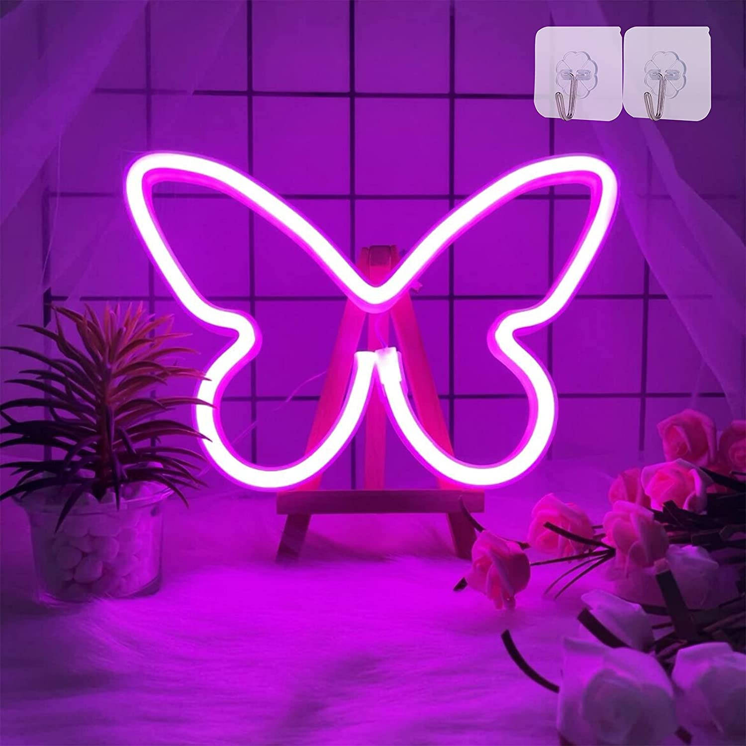 butterfly led light, pink neon butterfly light, purple grid wall, HD Desktop Wallpaper