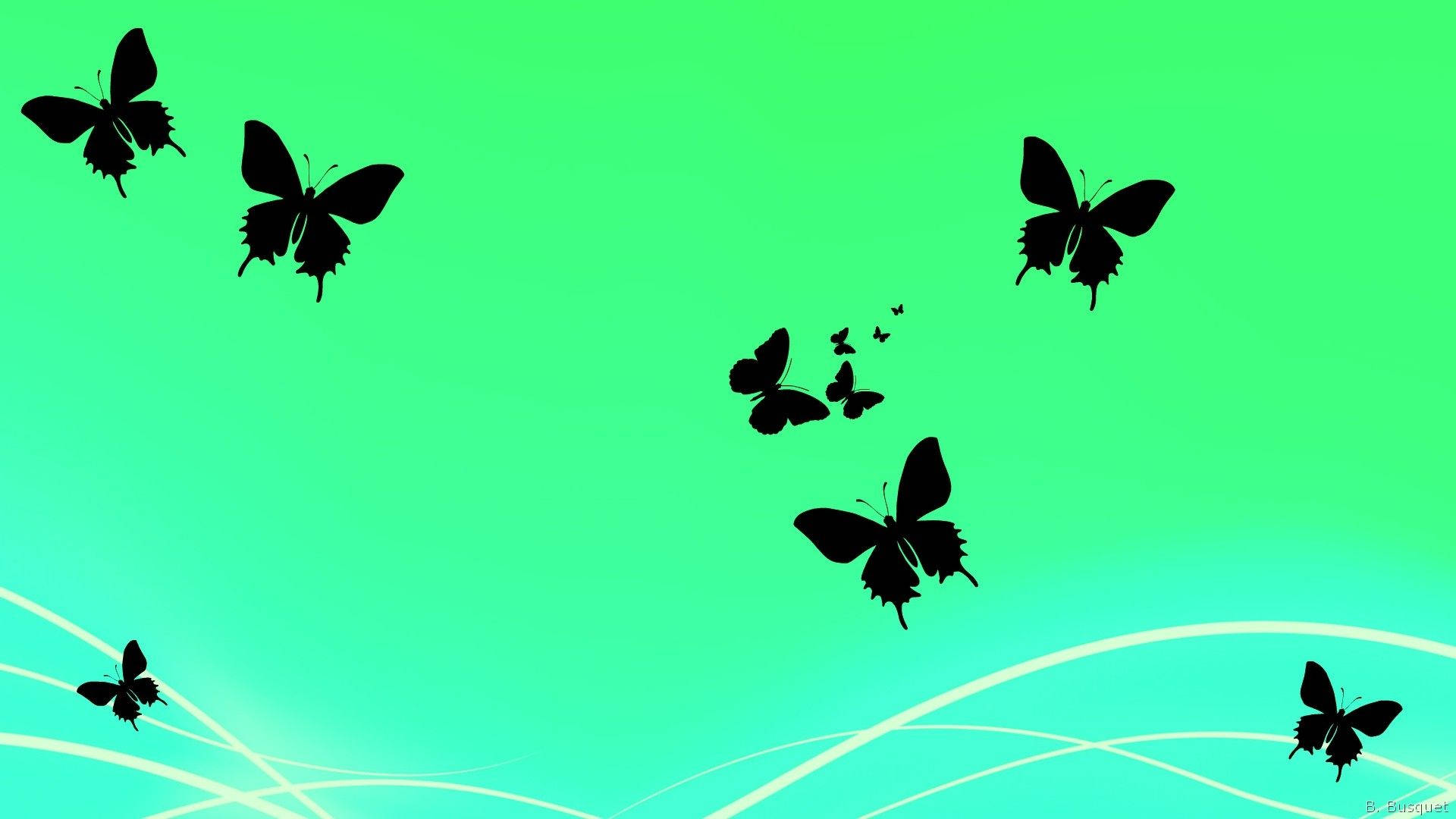 green gradient, black butterfly silhouettes, vibrant green to teal gradient, Full HD Desktop Wallpaper