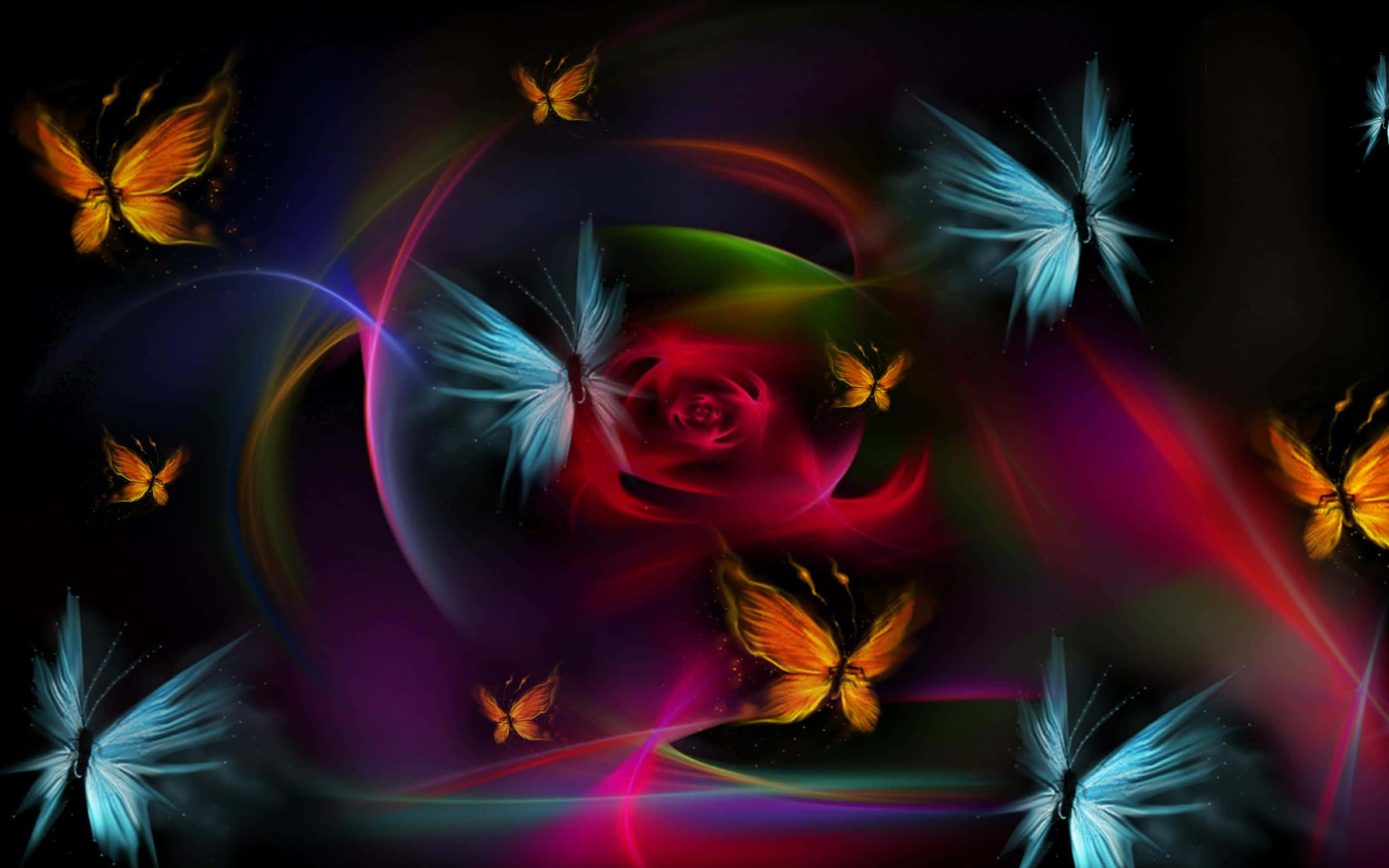 Dark Butterfly, glowing rose, neon light trails, 2K Desktop Wallpaper