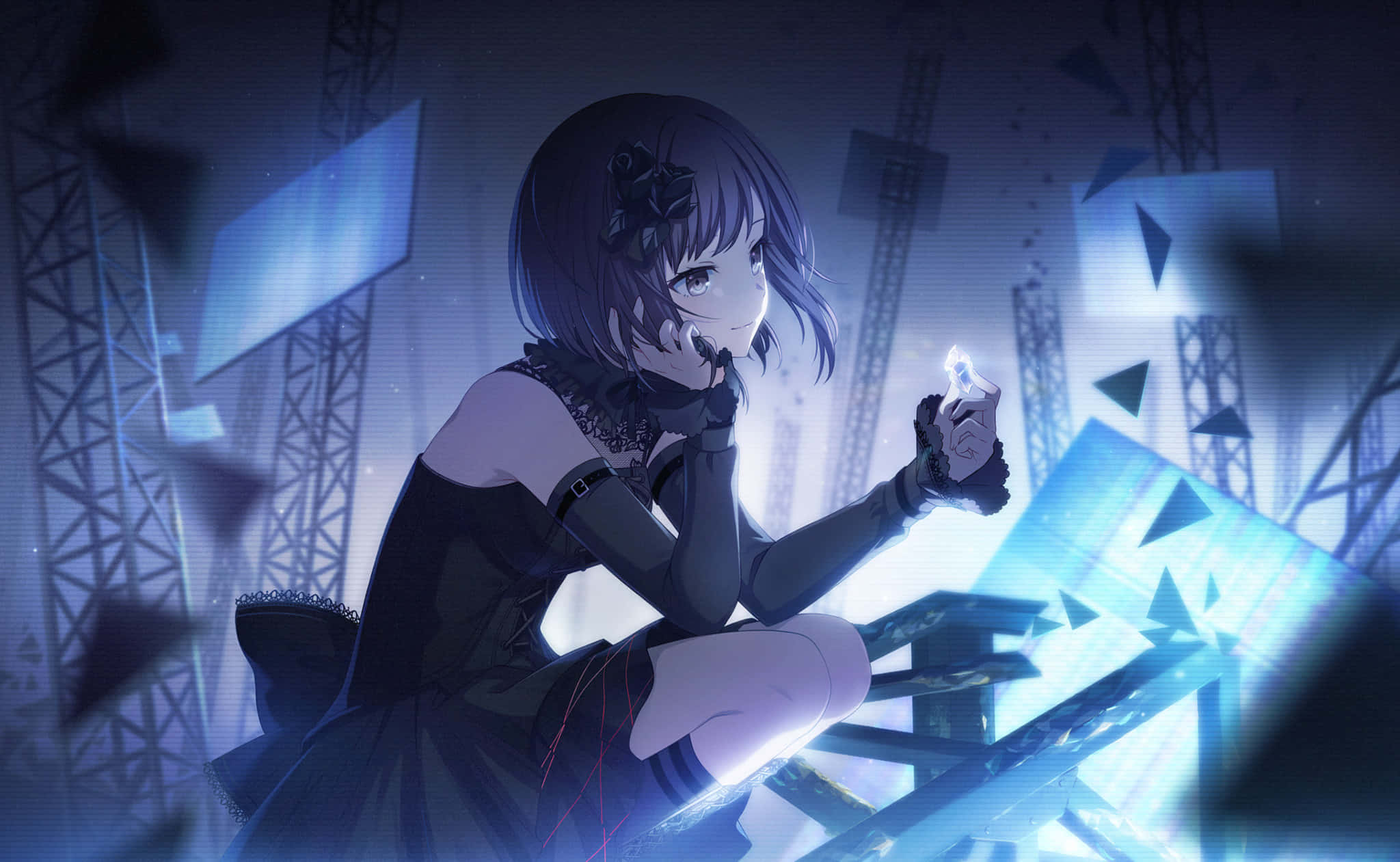 glowing butterfly, night anime scene, dark-haired anime girl, Full HD Desktop Wallpaper