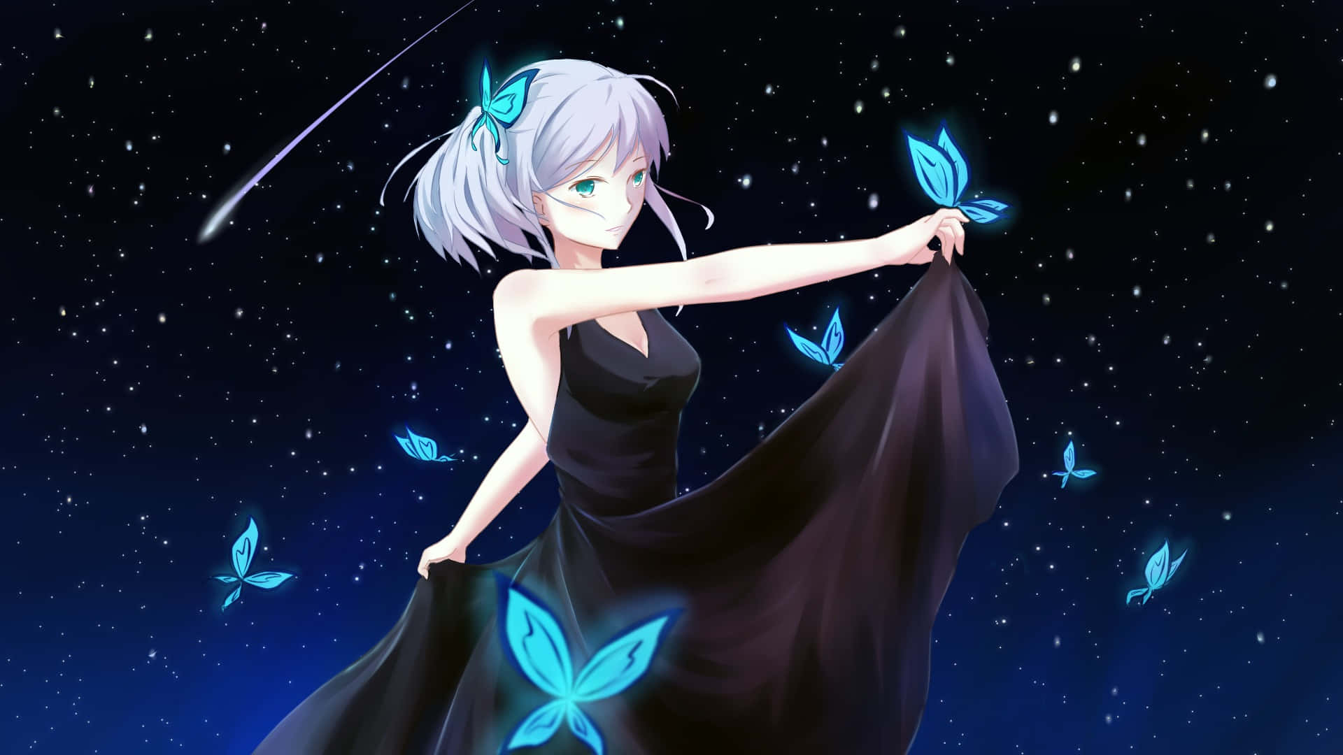 silver-haired anime girl, black dress, glowing blue butterflies, Full HD Desktop Wallpaper