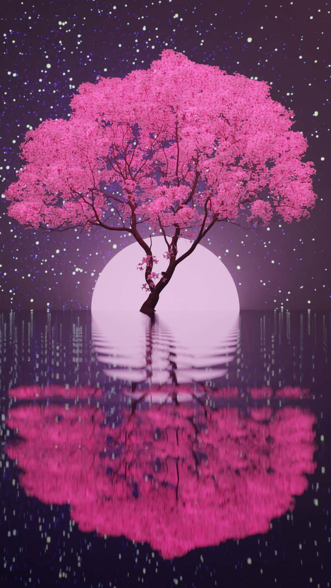 Night Cherry Blossom, pink cherry blossom tree, calm water, Full HD Phone Wallpaper