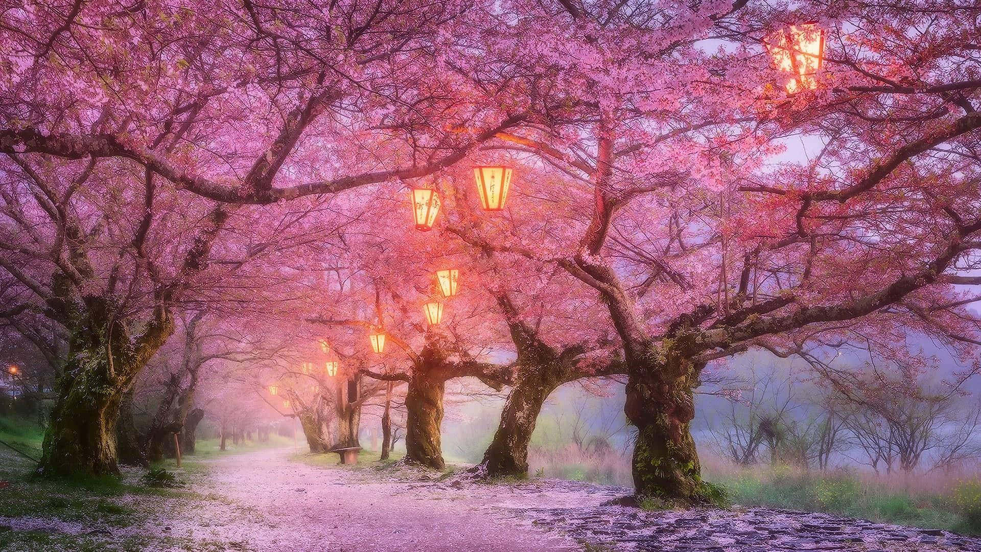 Night Cherry Blossom, cherry blossom trees, warm lanterns, Full HD Desktop Wallpaper