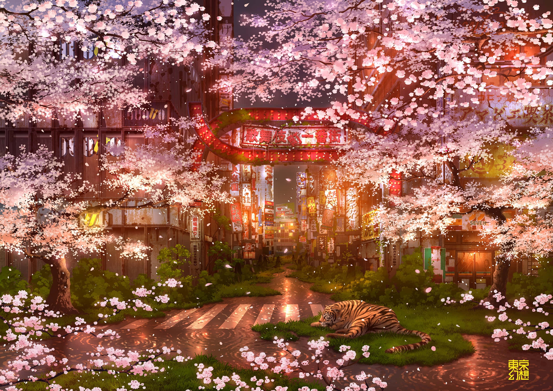 Night Cherry Blossom, cherry blossom trees, neon-lit Japanese street, Full HD Desktop Wallpaper