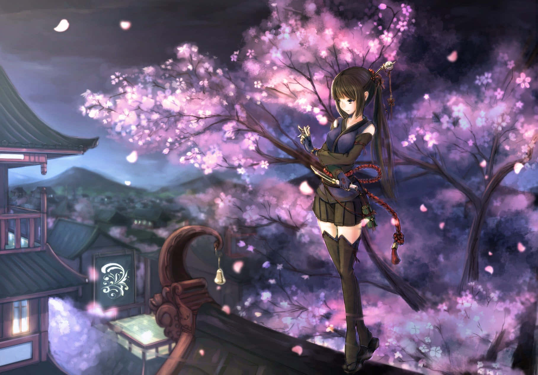 Night Cherry Blossom, anime girl, dark armor, HD Desktop Wallpaper