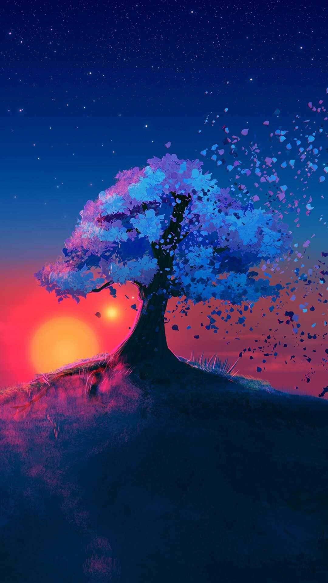 Night Cherry Blossom, glowing blue leaves, fiery sun, Full HD Phone Wallpaper