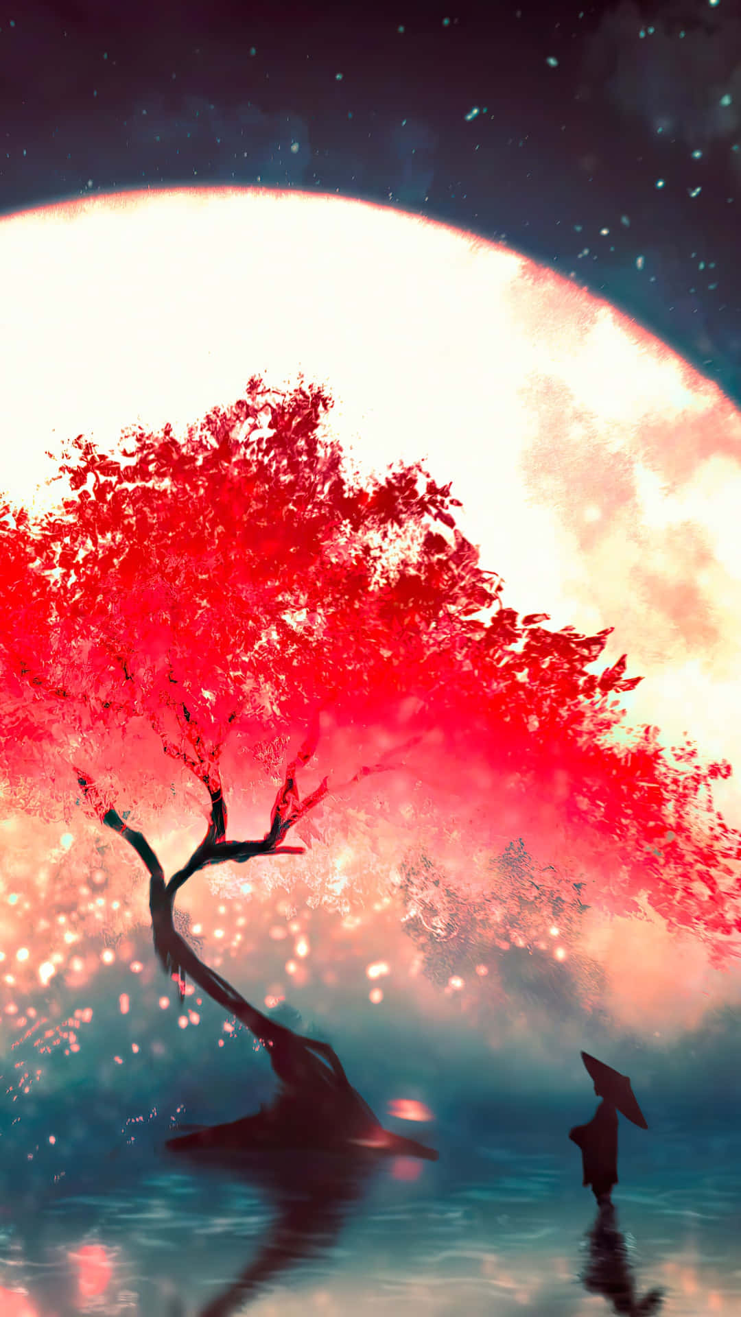 Night Cherry Blossom, vibrant red tree, glowing moon, Full HD Phone Wallpaper