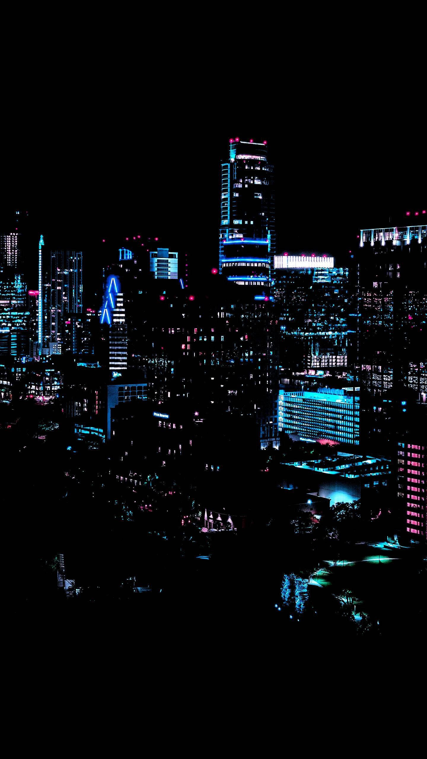 Night City Aesthetic, neon-lit cityscape, towering skyscrapers, 2K Phone Wallpaper