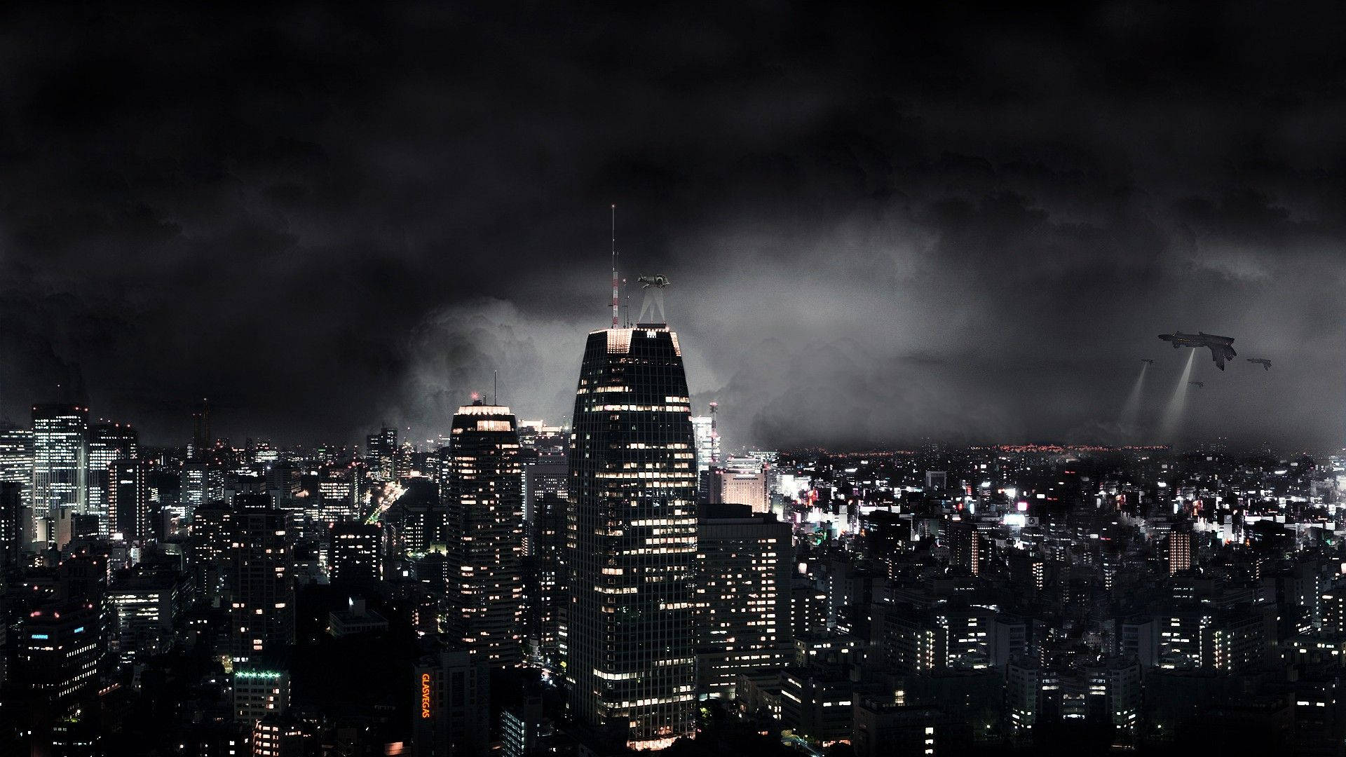 Night City, flying vehicles, glowing futuristic cityscape, Full HD Desktop Wallpaper