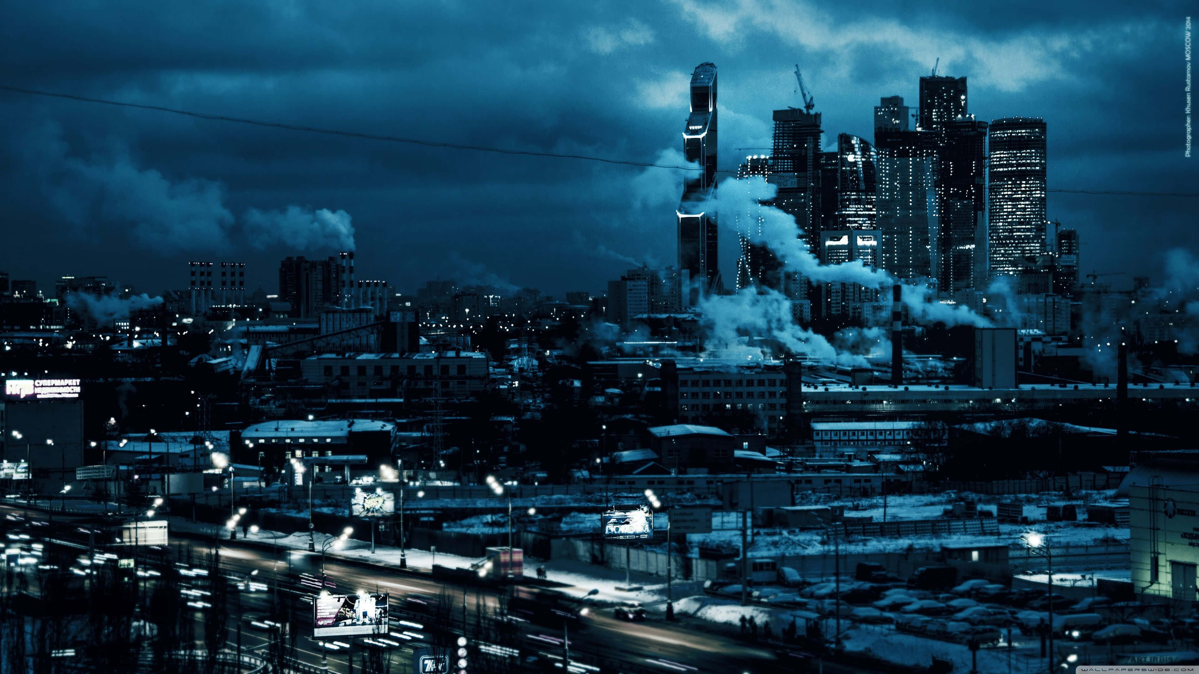 Night City, moody blue-toned, towering skyscrapers, 4K Desktop Wallpaper