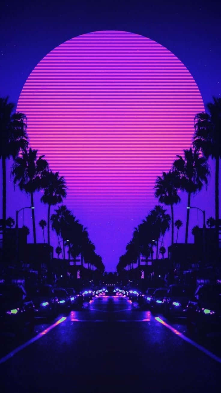 neon-lit street, palm trees, massive striped purple and pink sun, HD Phone Wallpaper