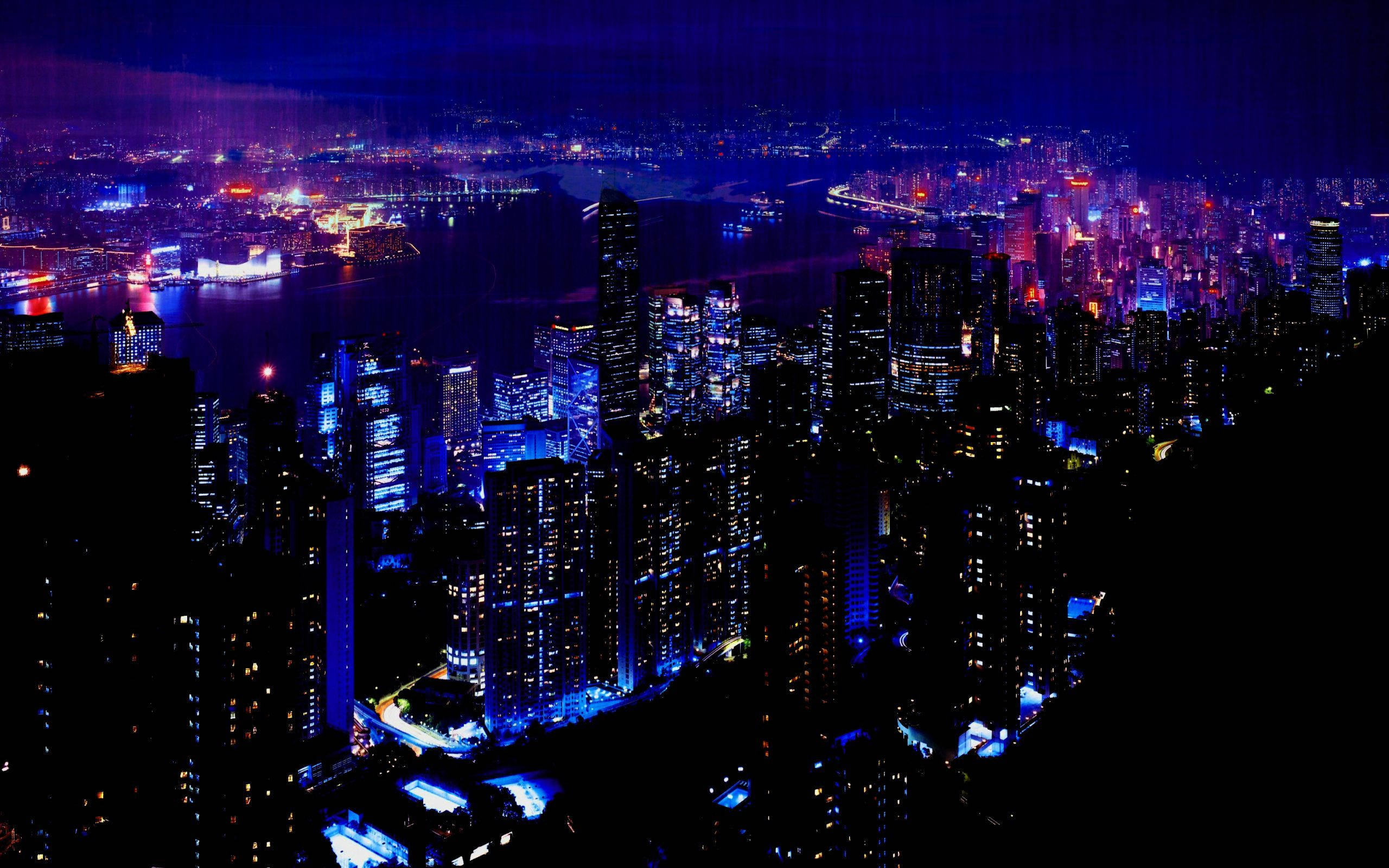 Night City, glowing blue and red lights, water, 2K Desktop Wallpaper