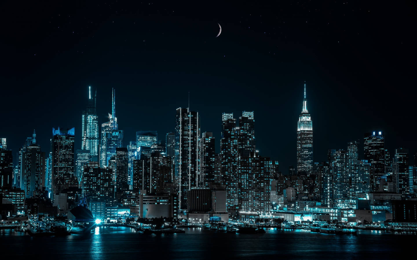 Night City, crescent moon, glowing city skyline, HD Desktop Wallpaper