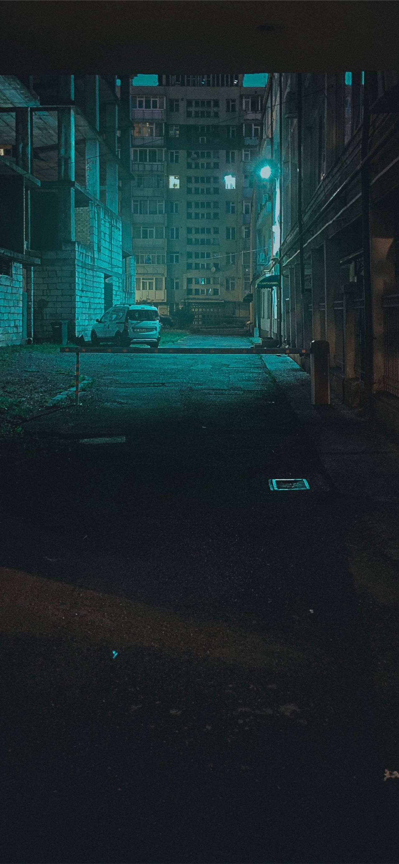 Night City, teal light, streetlamp, 2K Phone Wallpaper
