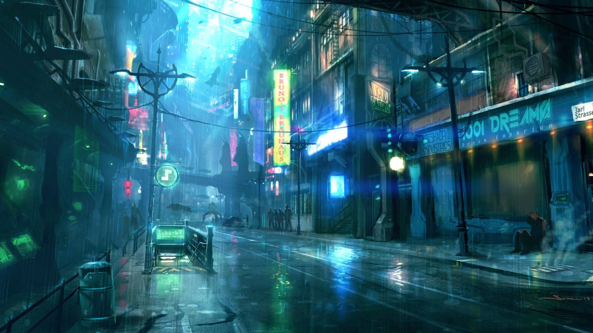 Night City Aesthetic, neon-lit cyberpunk street, glowing signs, Full HD Desktop Wallpaper