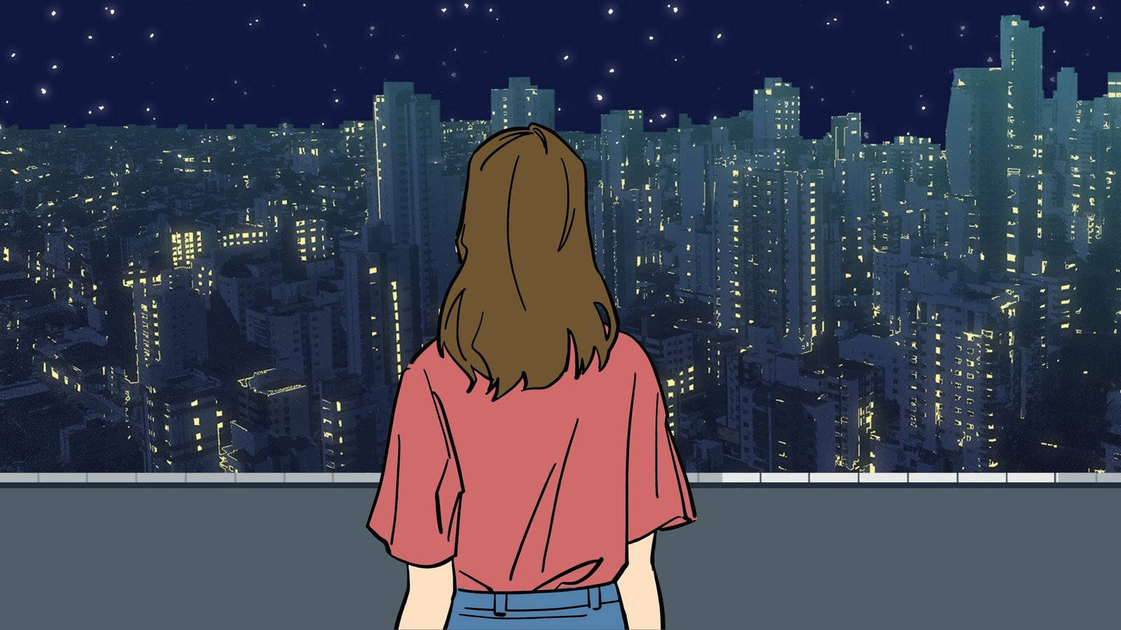 Night City, evening, rooftop, HD Desktop Wallpaper