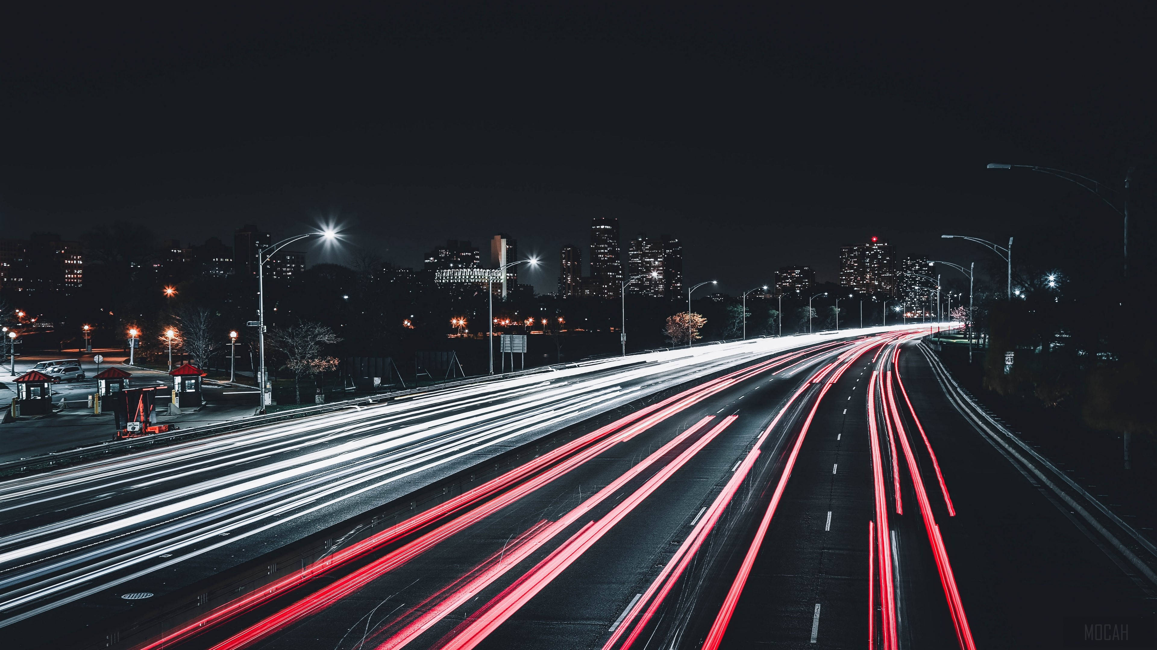 Night City, red and white car lights, nighttime highway, 4K Desktop Wallpaper
