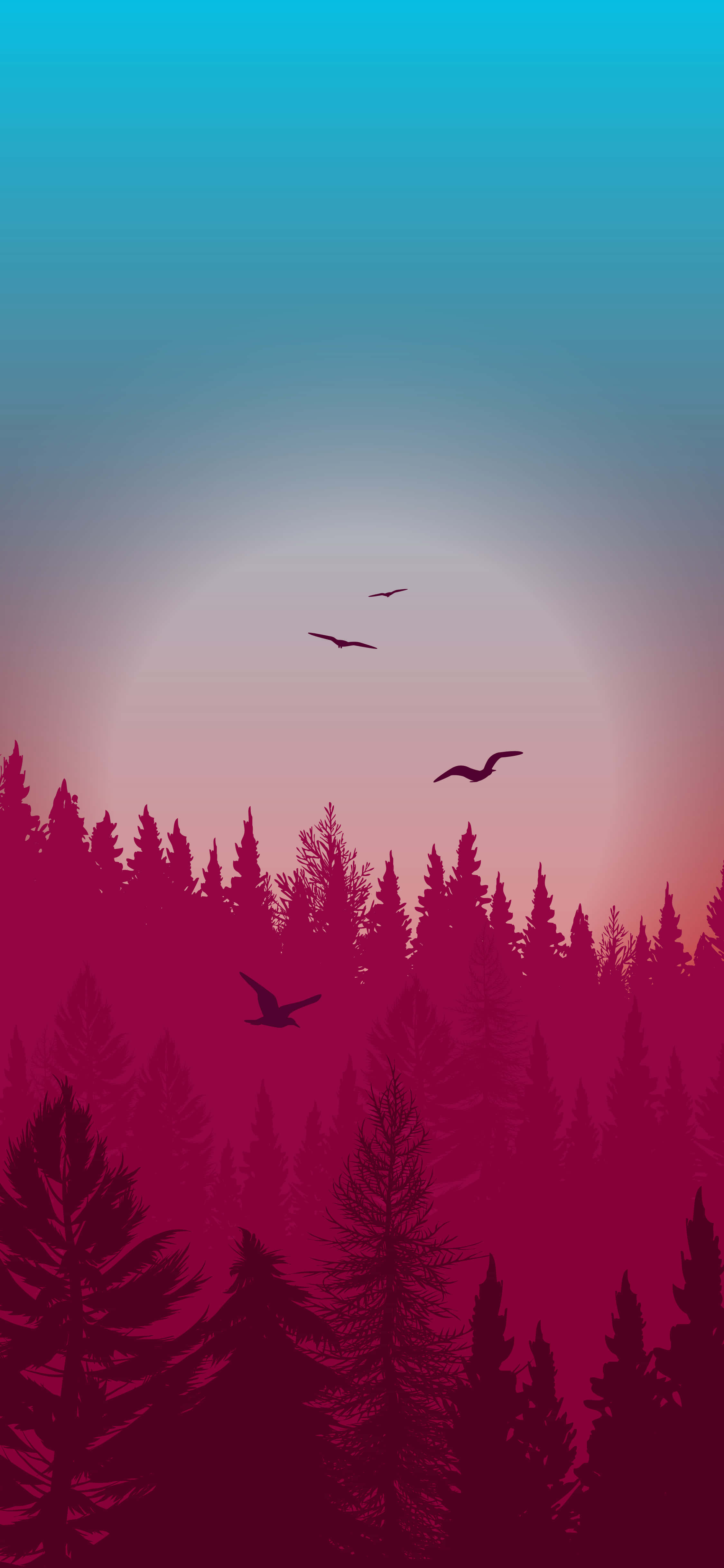 Night Forest, pine trees, teal to magenta gradient sky, 4K Phone Wallpaper