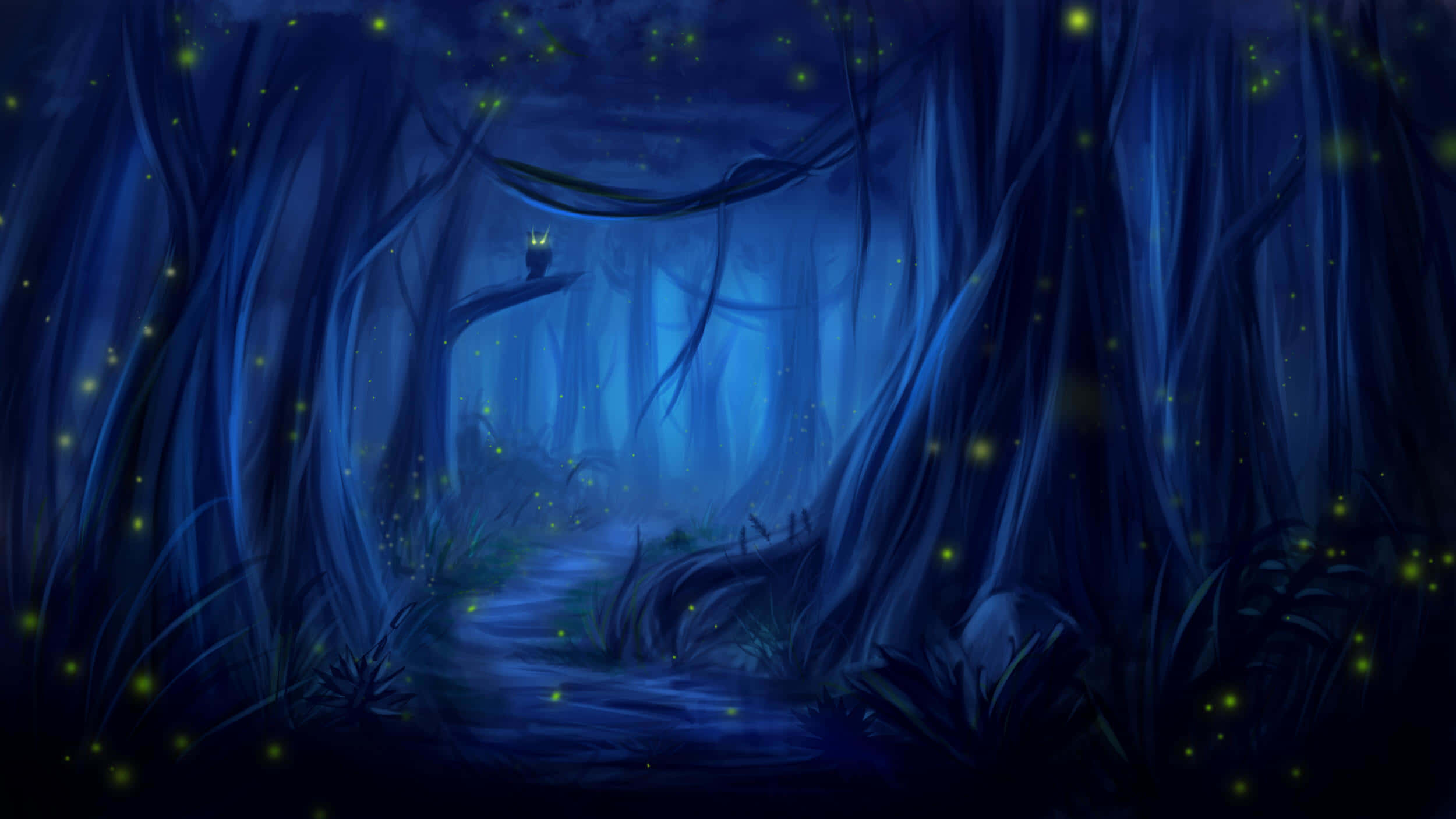 Night Forest, mystical blue forest, glowing fireflies, Full HD Desktop Wallpaper