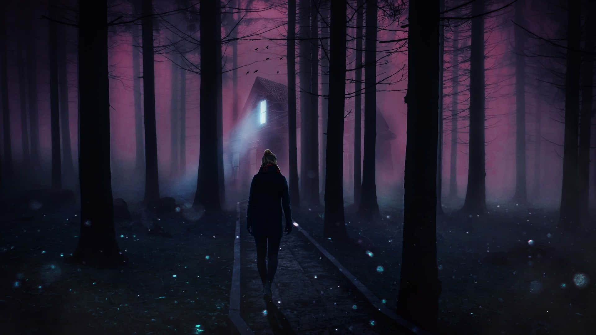Night Forest, misty forest path, glowing house, Full HD Desktop Wallpaper