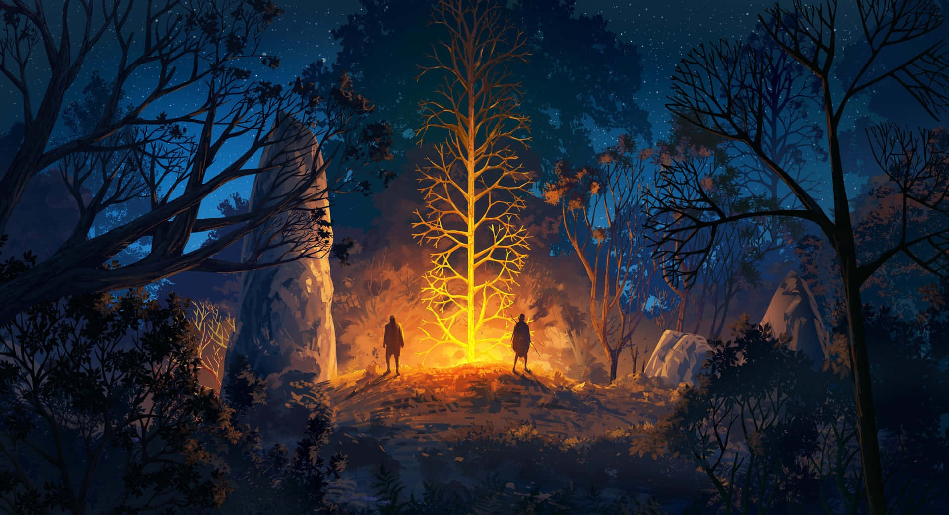 Night Forest, glowing golden tree, starry forest, HD Desktop Wallpaper