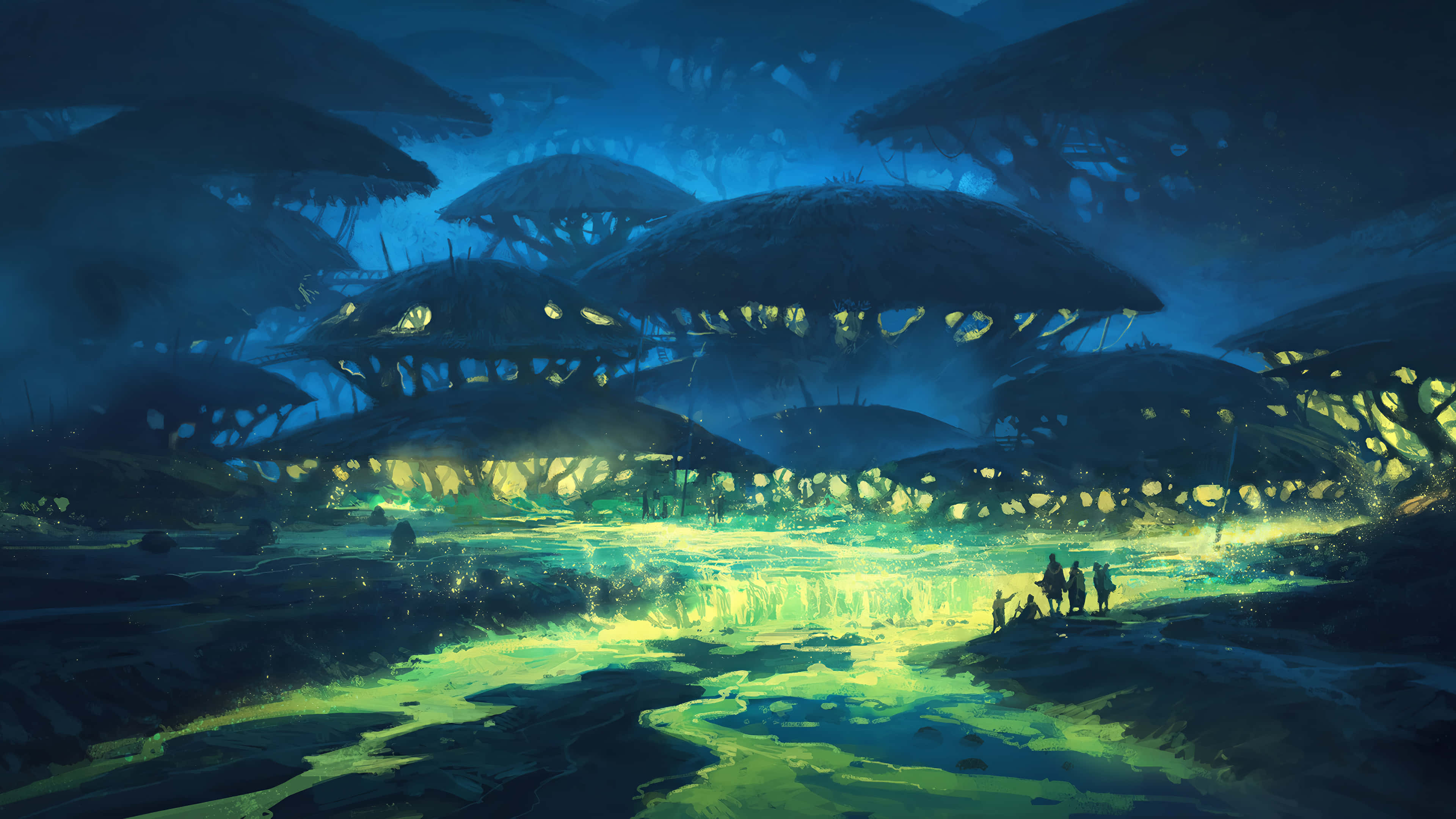 Night Forest, glowing green river, massive mushroom-like structures, 4K Desktop Wallpaper
