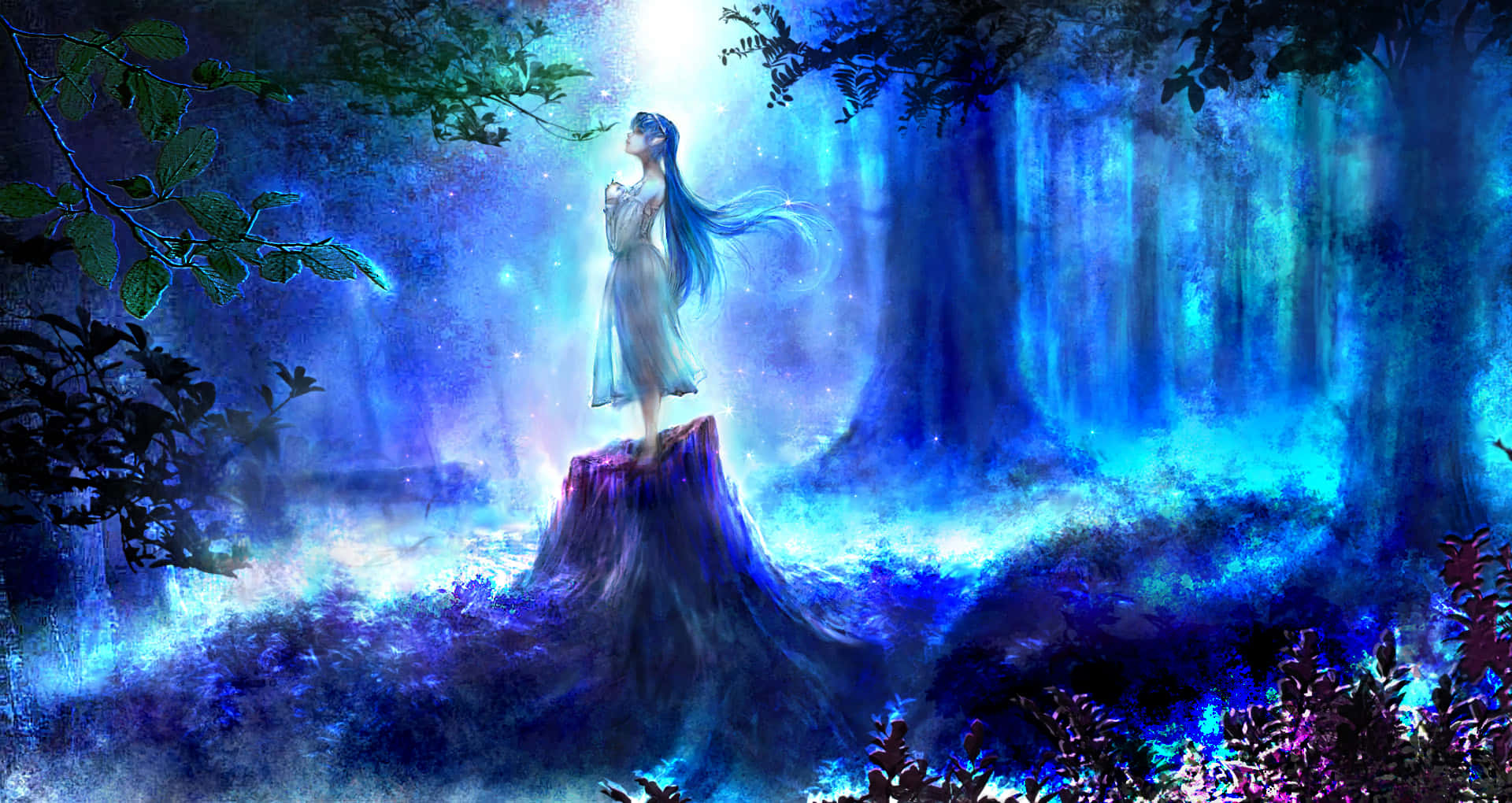 Night Forest, glowing blue-haired woman, flowing dress, Full HD Desktop Wallpaper
