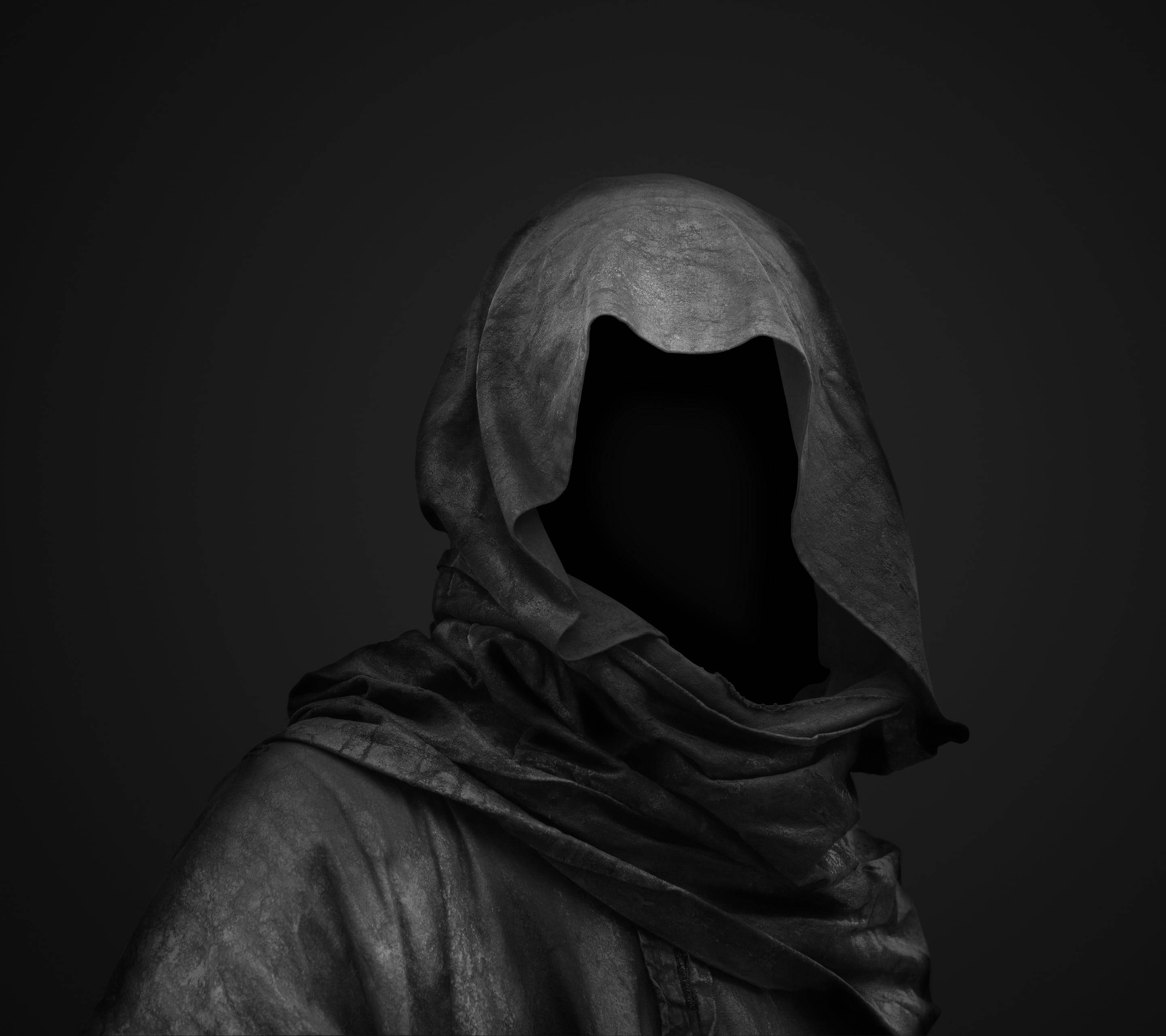 hooded figure, featureless black void, dark gradient background, 2K Desktop Wallpaper