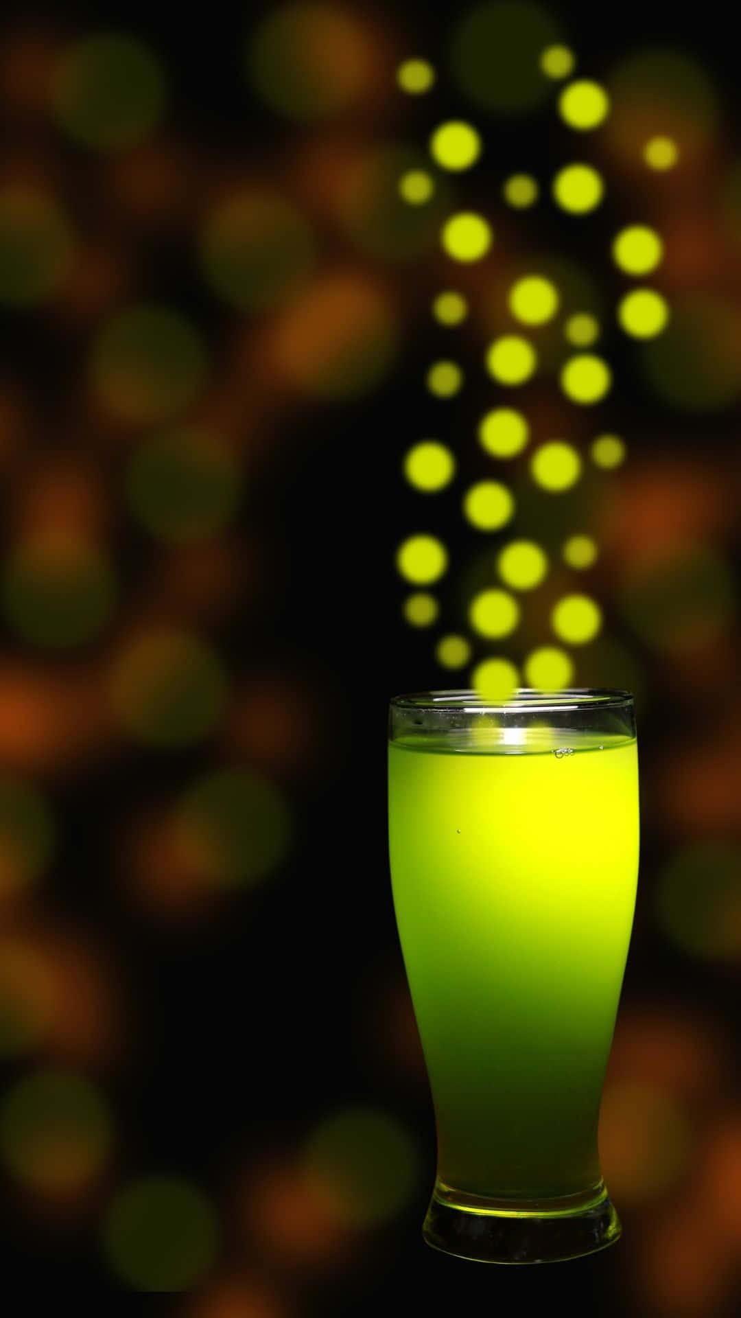 glowing green drink, glass, bokeh lights, Full HD Phone Wallpaper