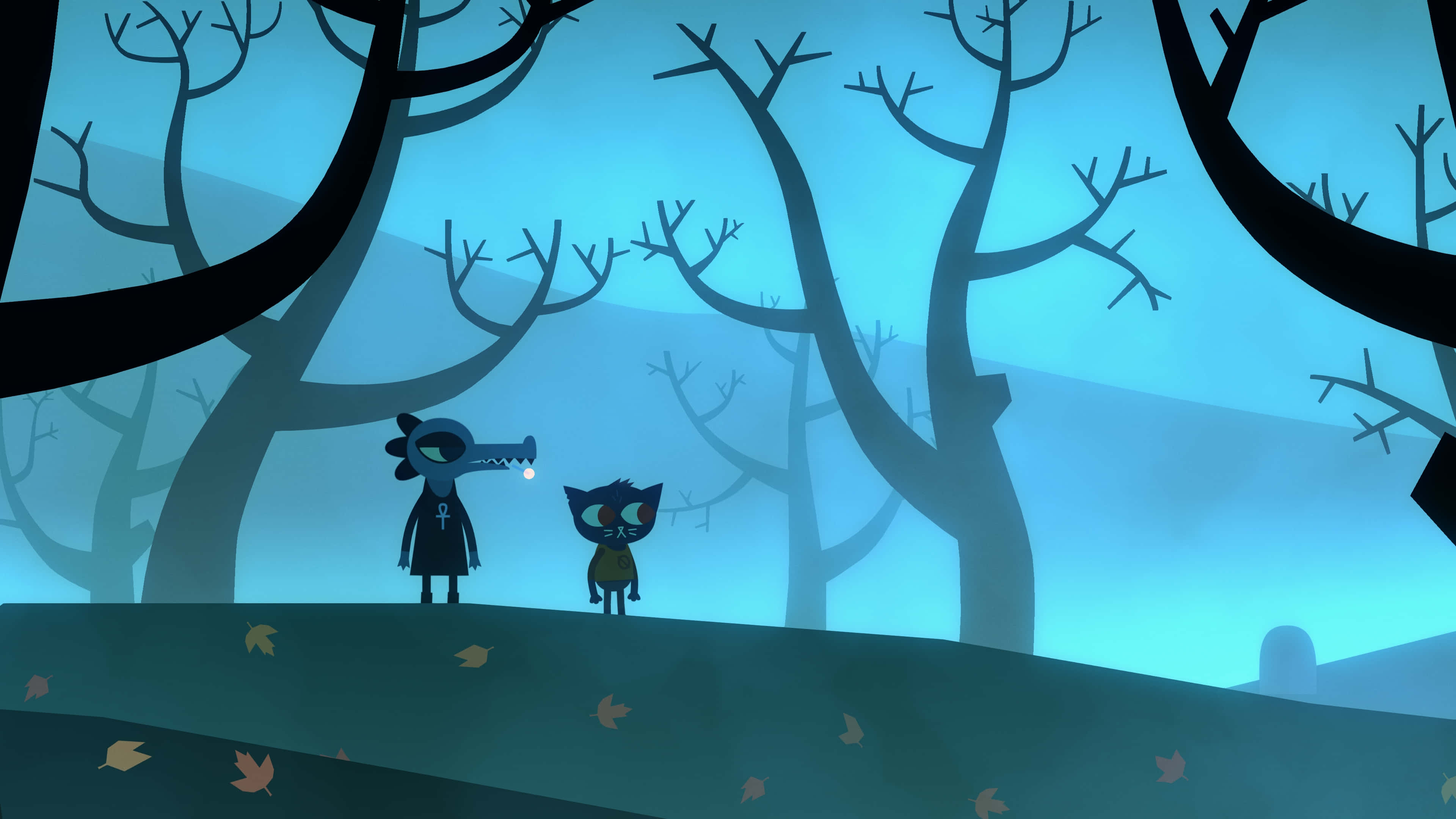 Night In The Woods, stylized cartoon characters, misty blue forest, 4K Desktop Wallpaper