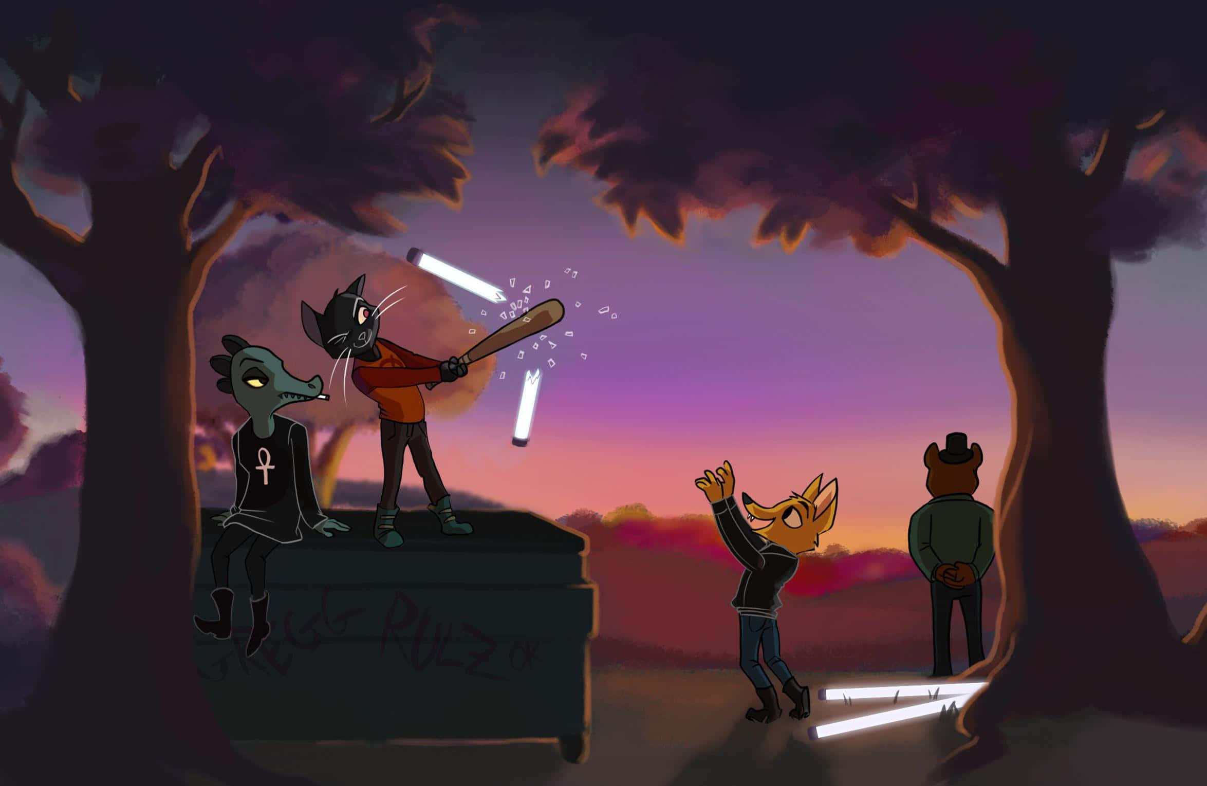 Night In The Woods, cartoon fox, glowing sticks, Full HD Desktop Wallpaper