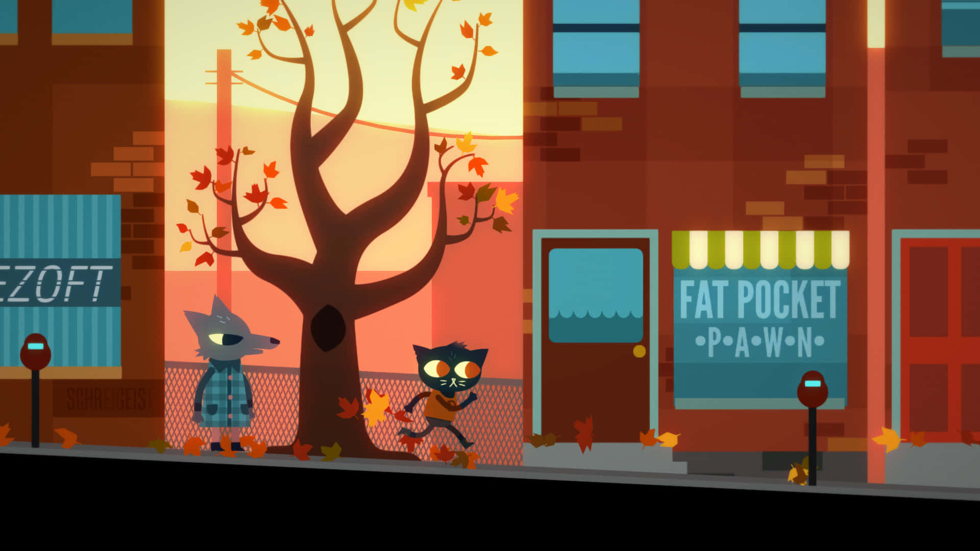 Night In The Woods, autumn tree, colorful urban sidewalk, Full HD Desktop Wallpaper