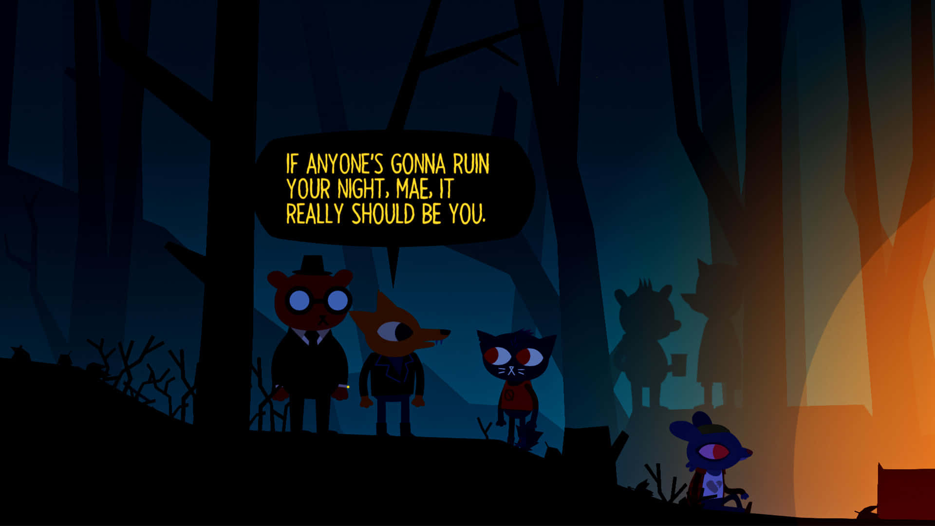 Night In The Woods, cartoon animals, dark forest, Full HD Desktop Wallpaper