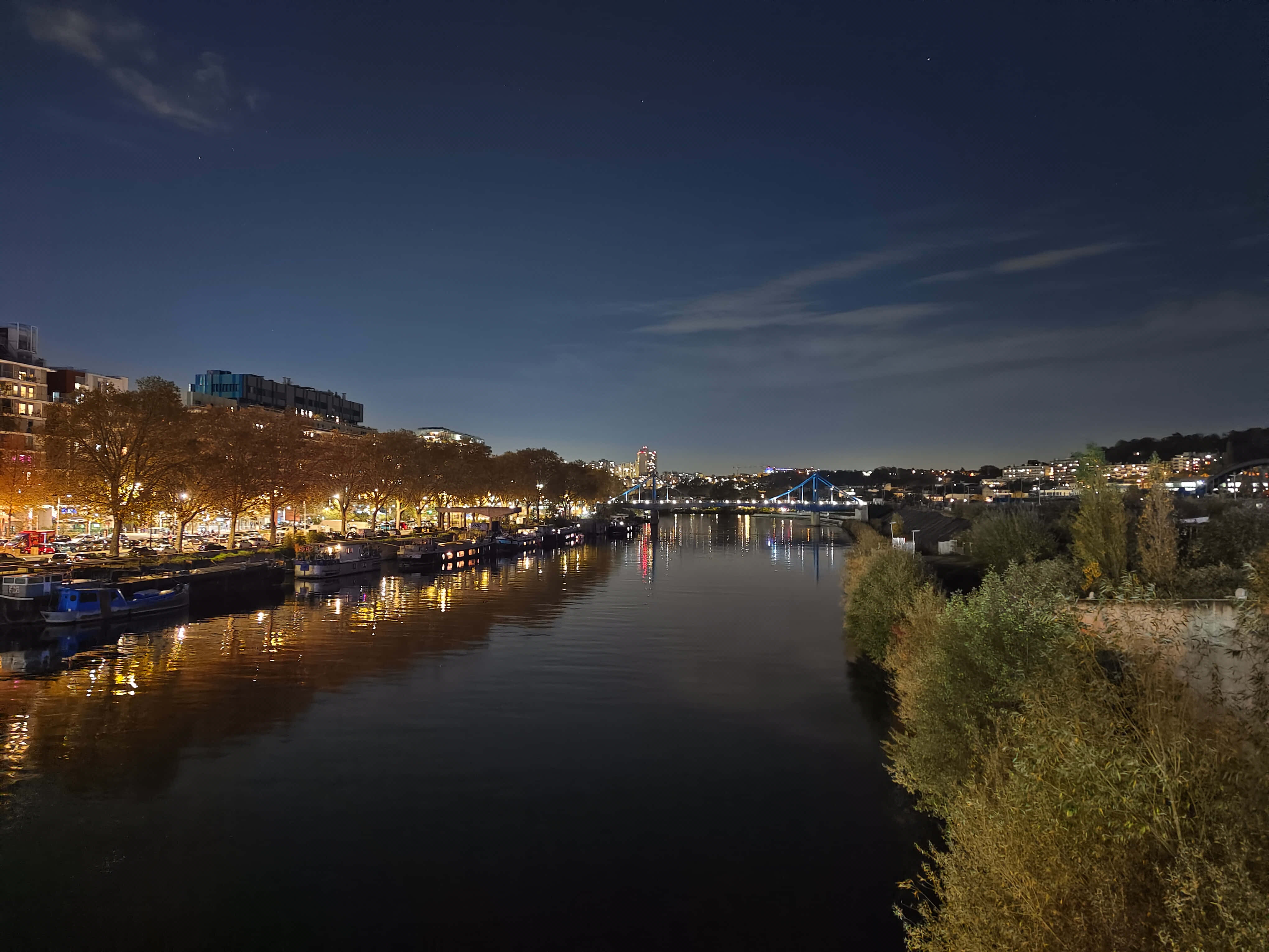 Night Mode, river, city lights, 4K Desktop Wallpaper