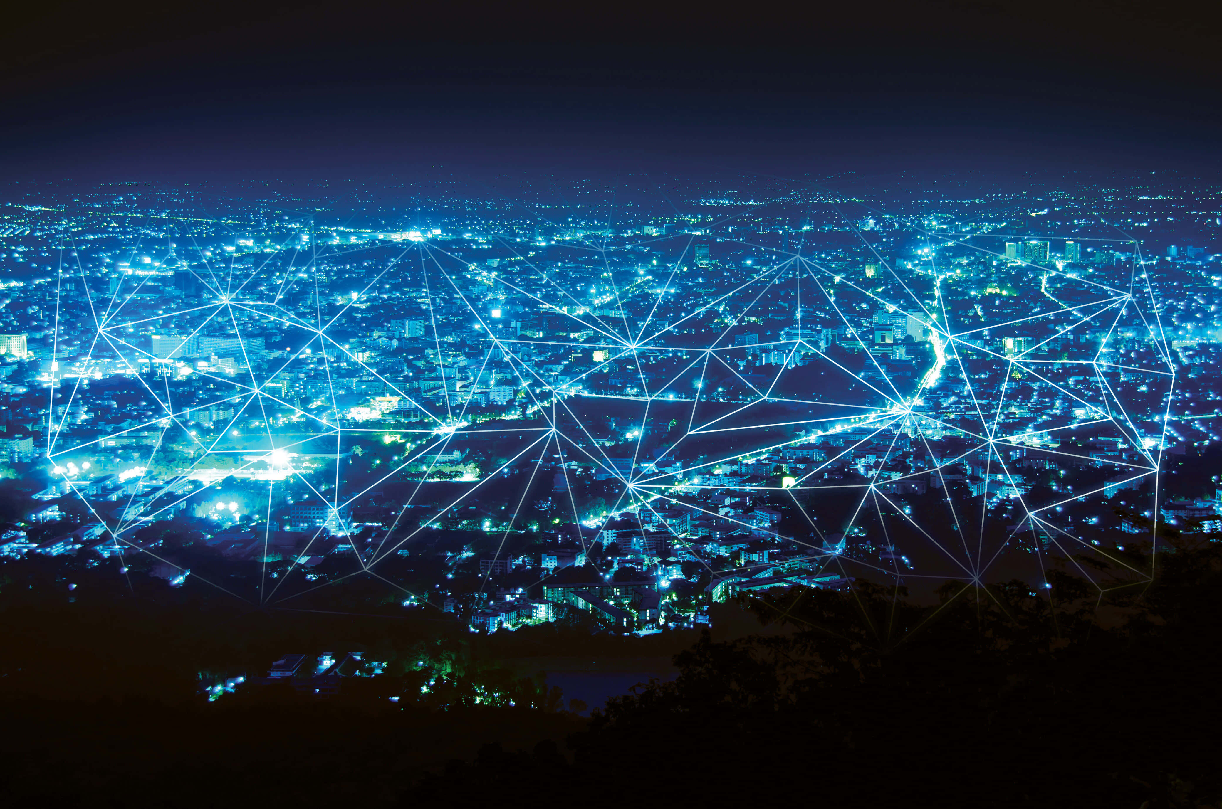 City Network Connectivity Night, glowing blue lights, digital network overlay, 4K Desktop Wallpaper