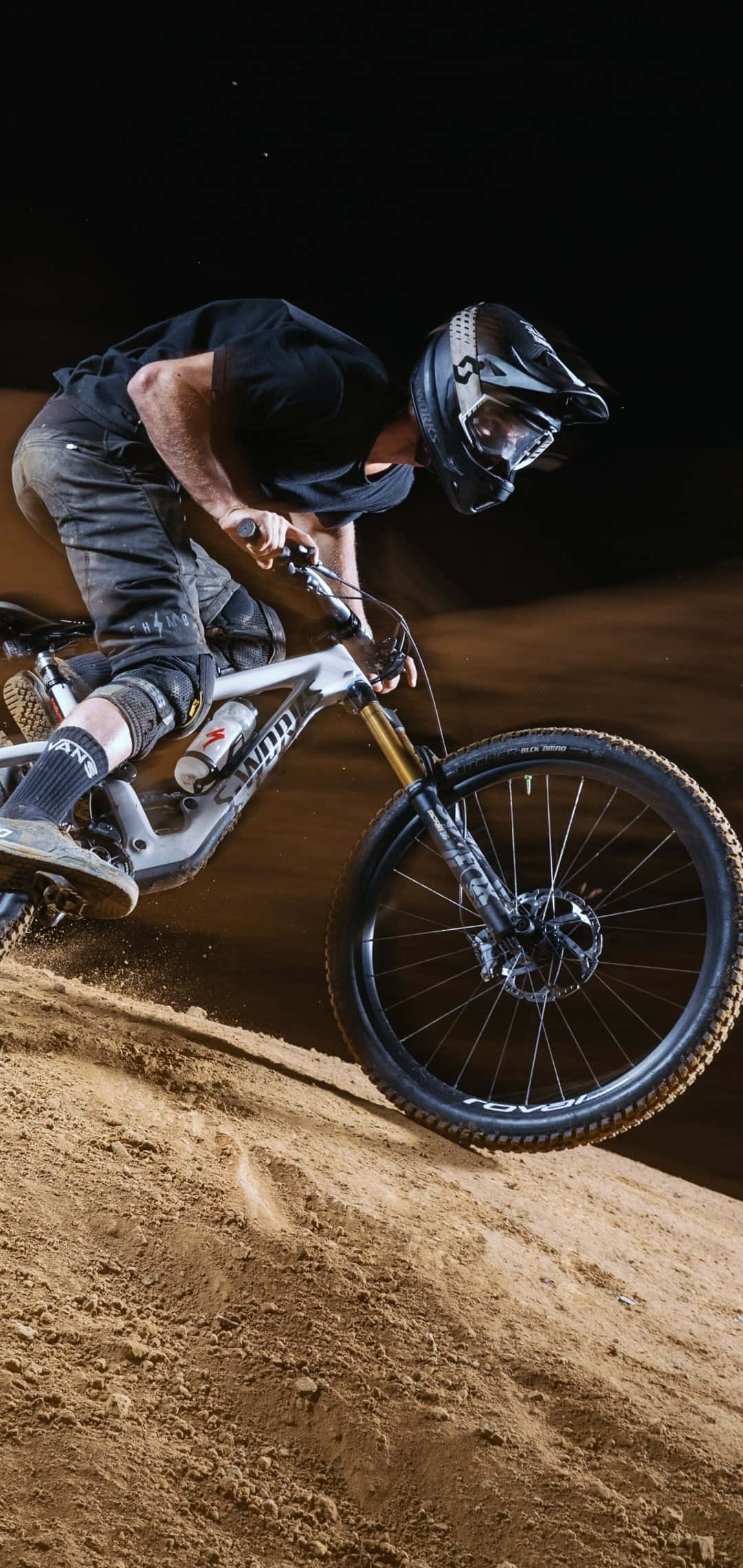 nighttime mountain biking, black gear, dirt trail, Full HD Phone Wallpaper