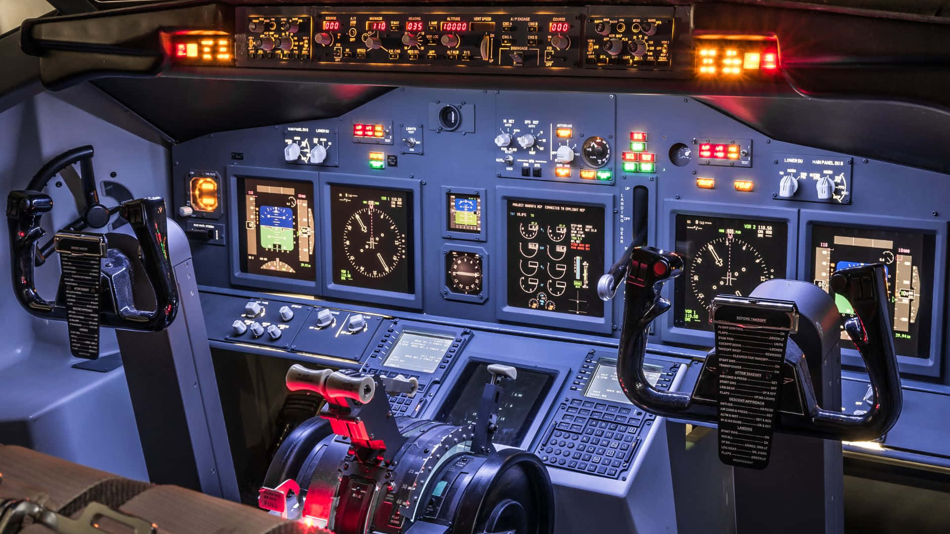 airplane cockpit, glowing red and blue instrument panels, control yokes, Full HD Desktop Wallpaper