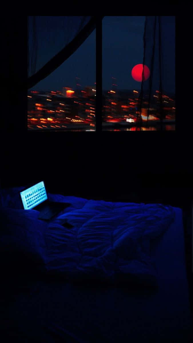 laptop, blue glow, red moon, SD Phone Wallpaper