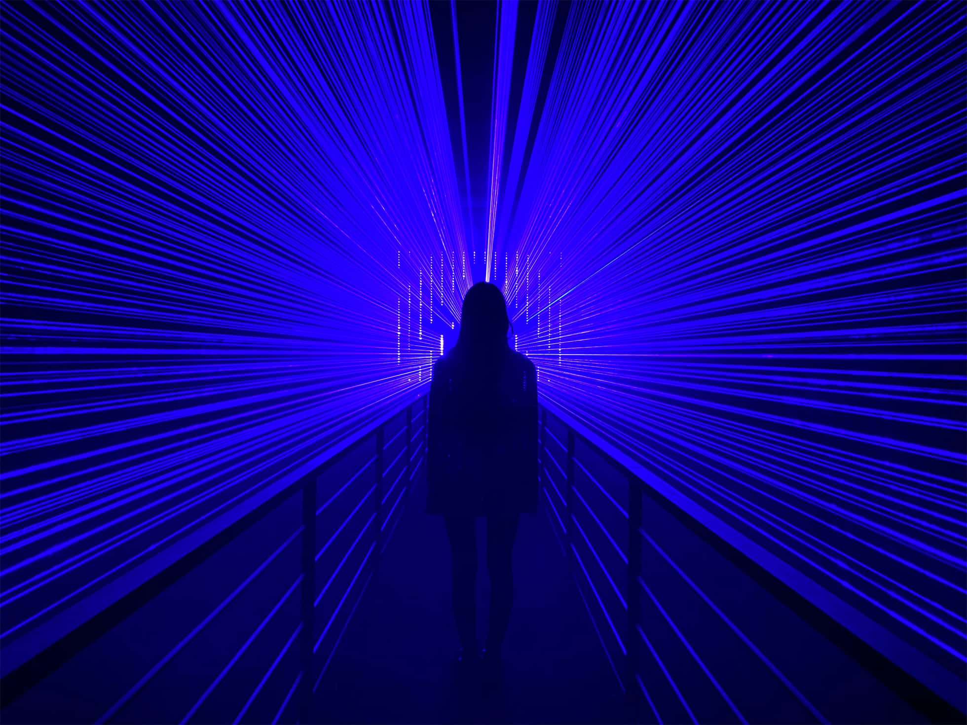 Night Mode, futuristic blue-lit corridor, radiant laser beams, Full HD Desktop Wallpaper