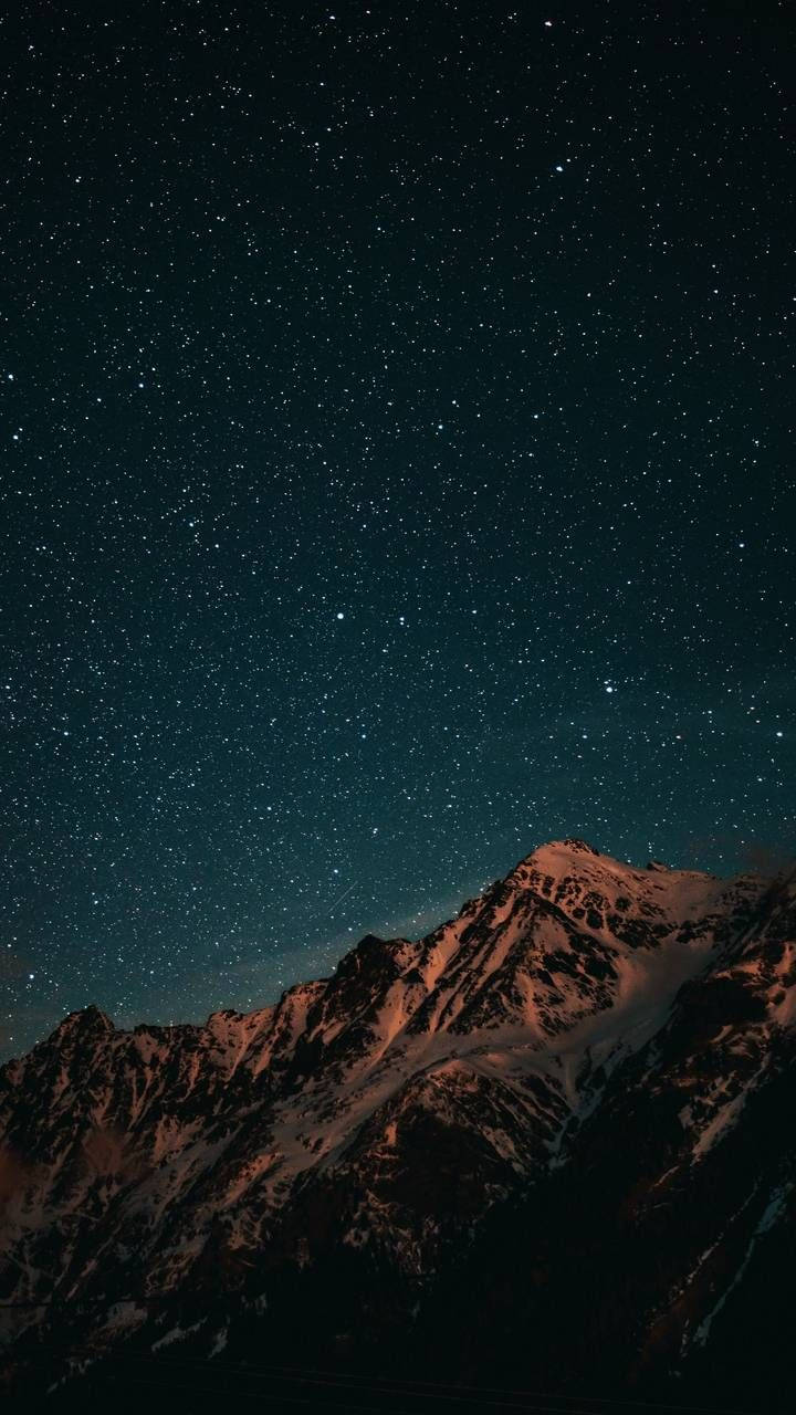 Night Mountain, snowcapped mountain peaks, dense canopy of stars, HD Phone Wallpaper