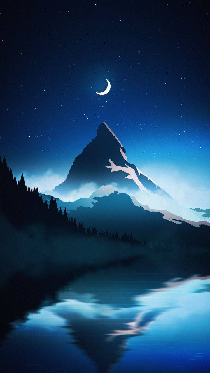 Night Mountain, crescent moon, starry night sky, HD Phone Wallpaper