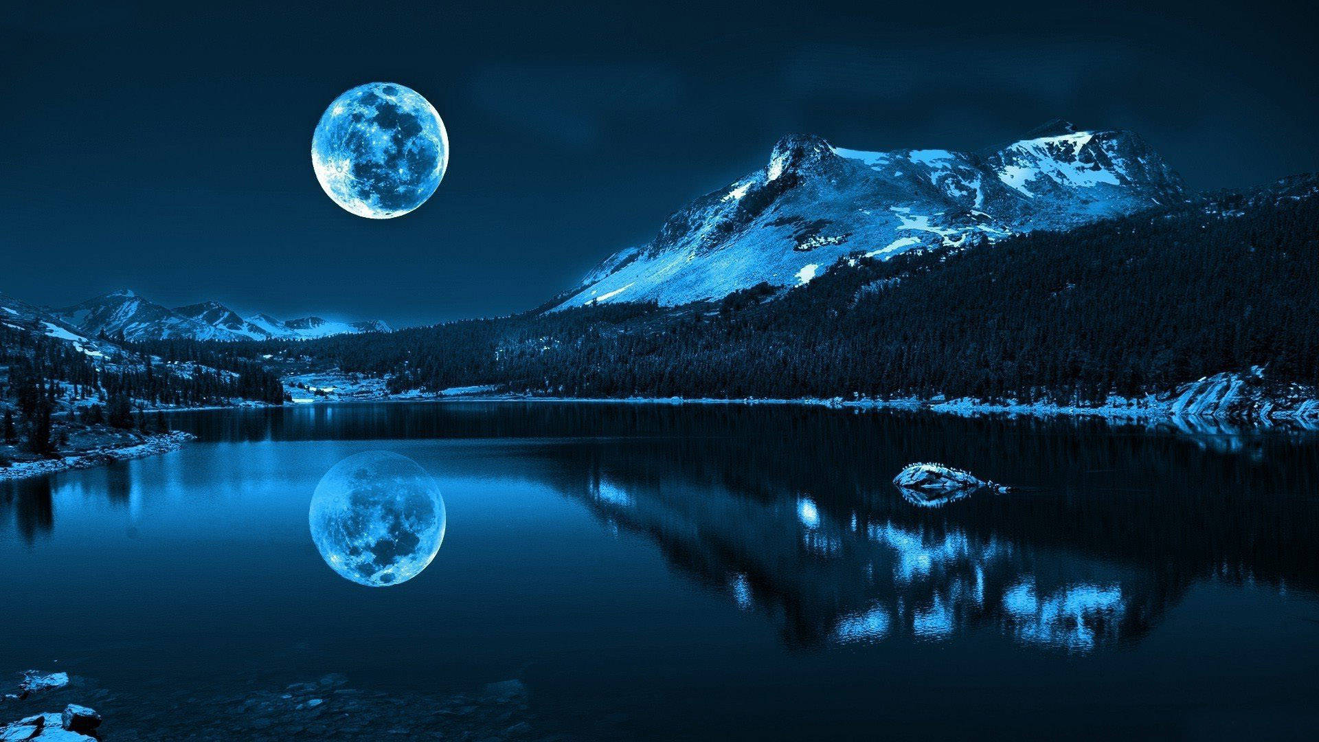 Night Mountain, full moon, snow-capped mountains, Full HD Desktop Wallpaper